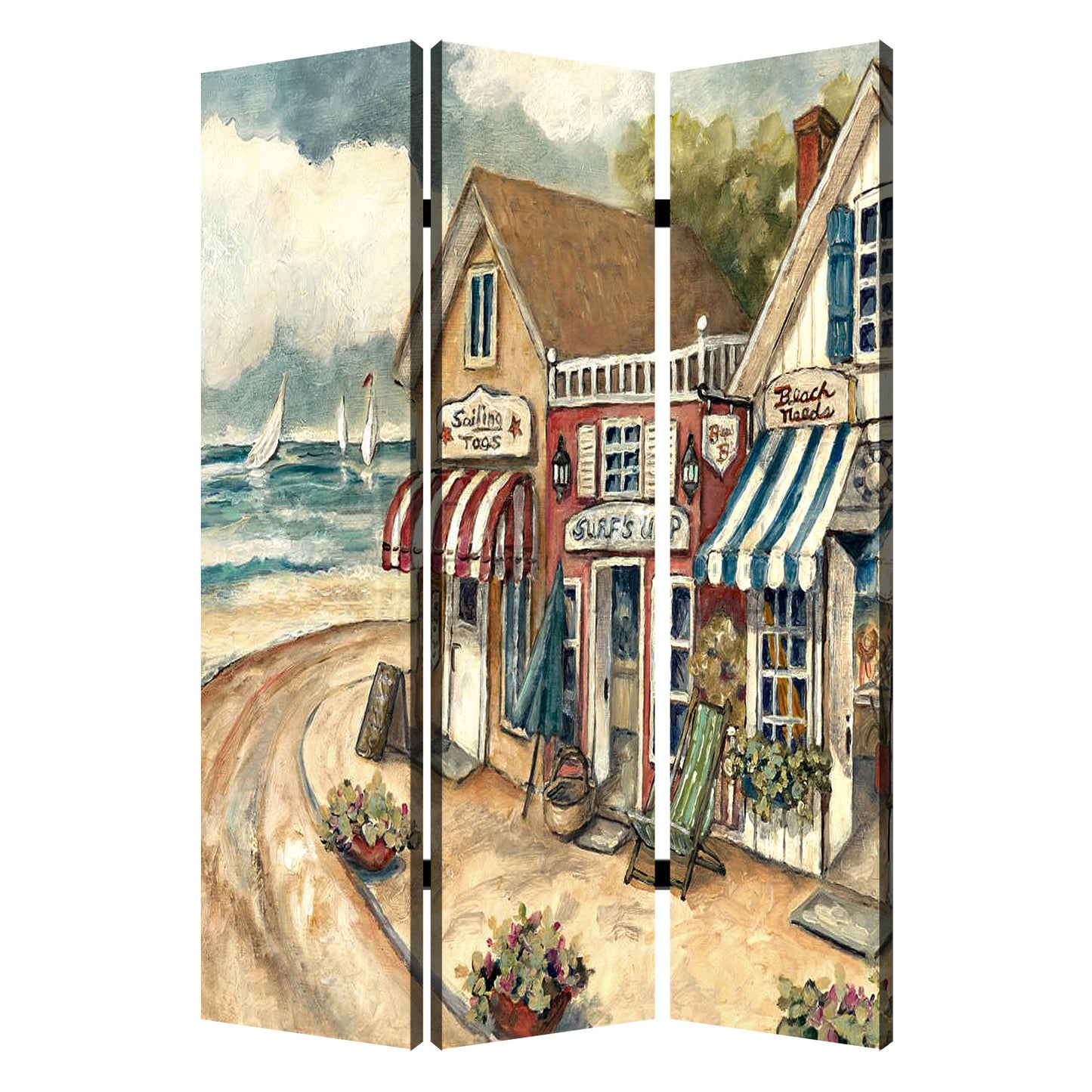 Foldable 3 Panel Canvas Screen with Seaside Town Print, Multicolor — Chic Home-Decor