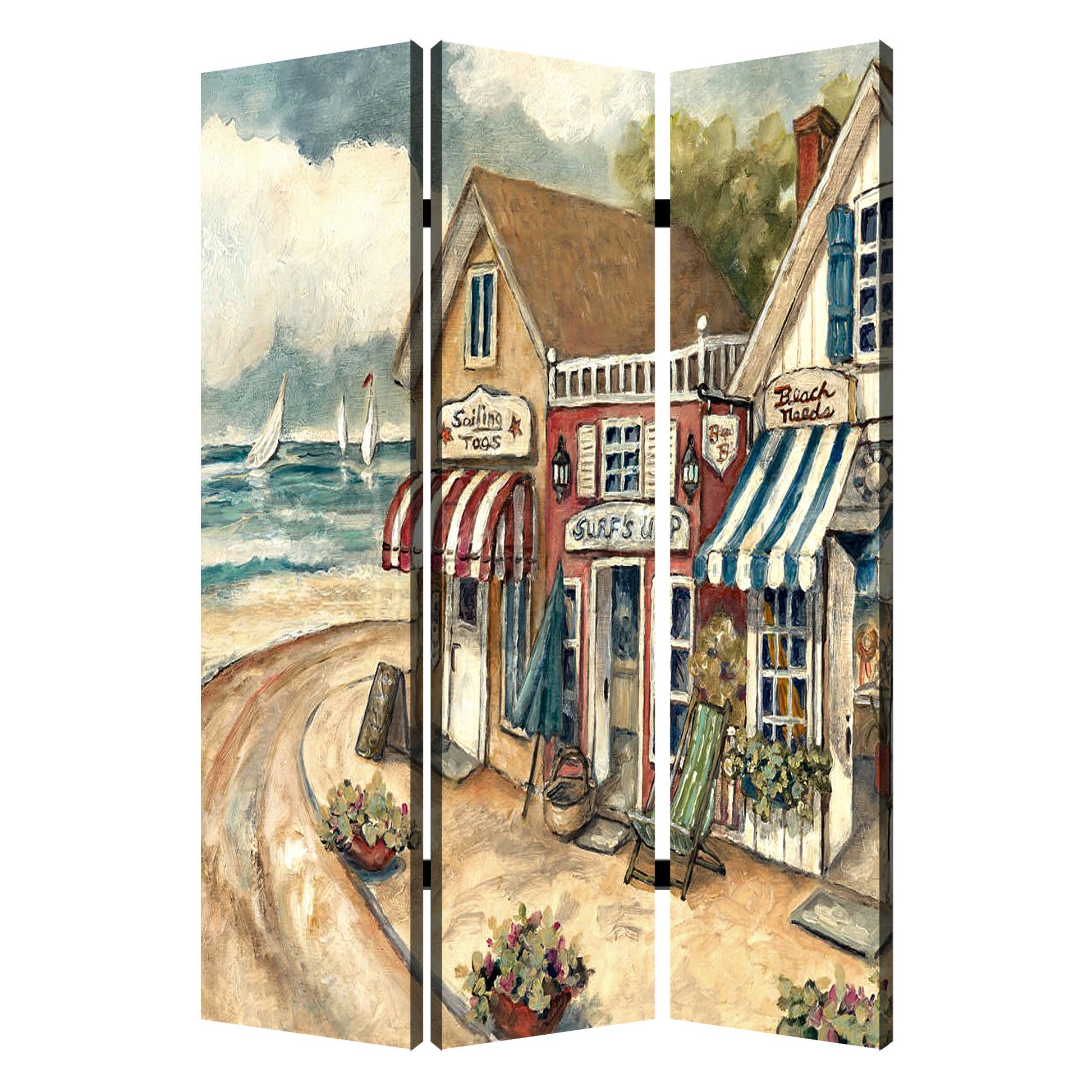 Foldable 3 Panel Canvas Screen with Seaside Town Print, Multicolor — Chic Home-Decor