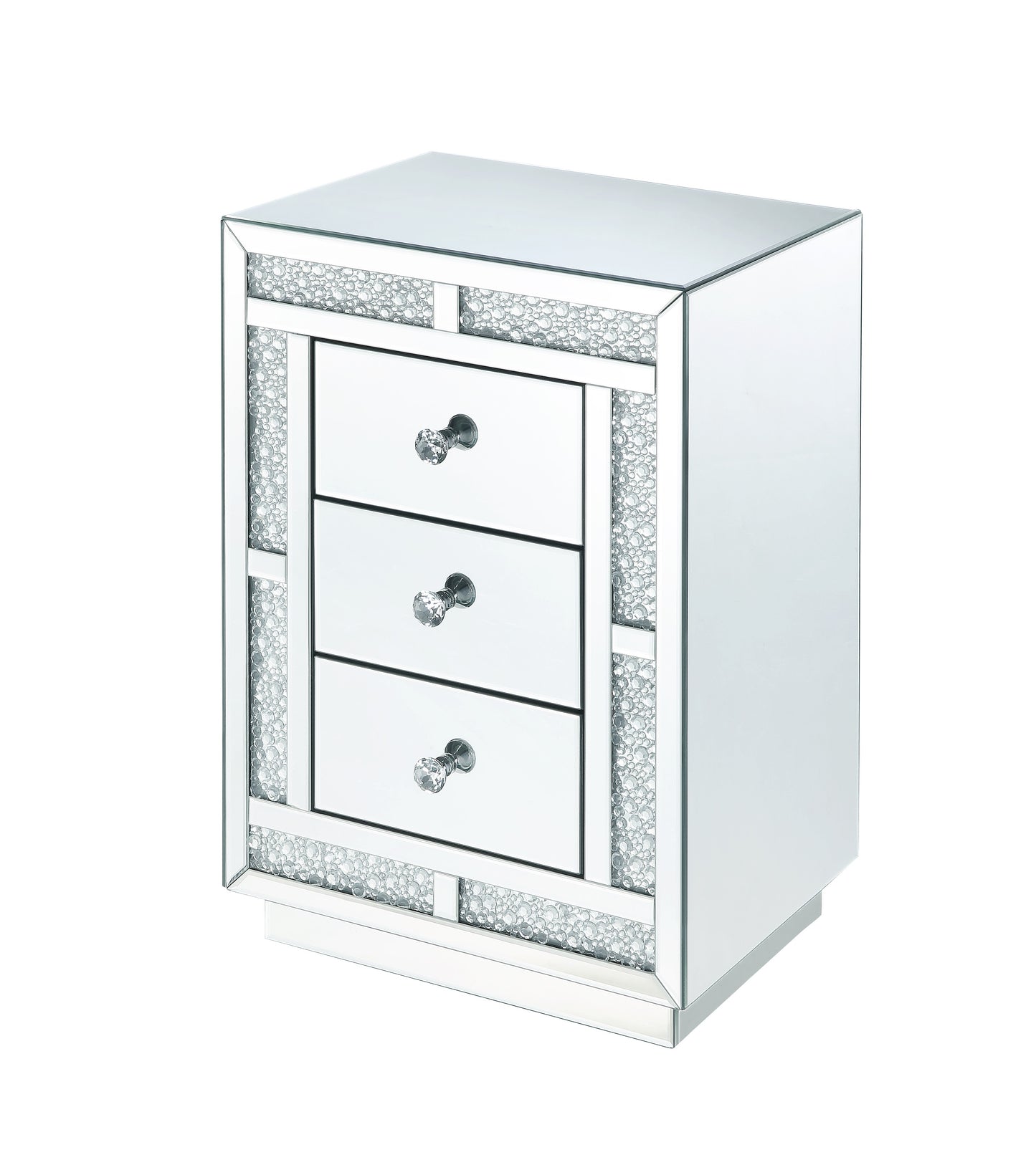 Mirrored Wooden Night Table with Flat Base and 3 Drawers, Silver — Chic Home-Decor