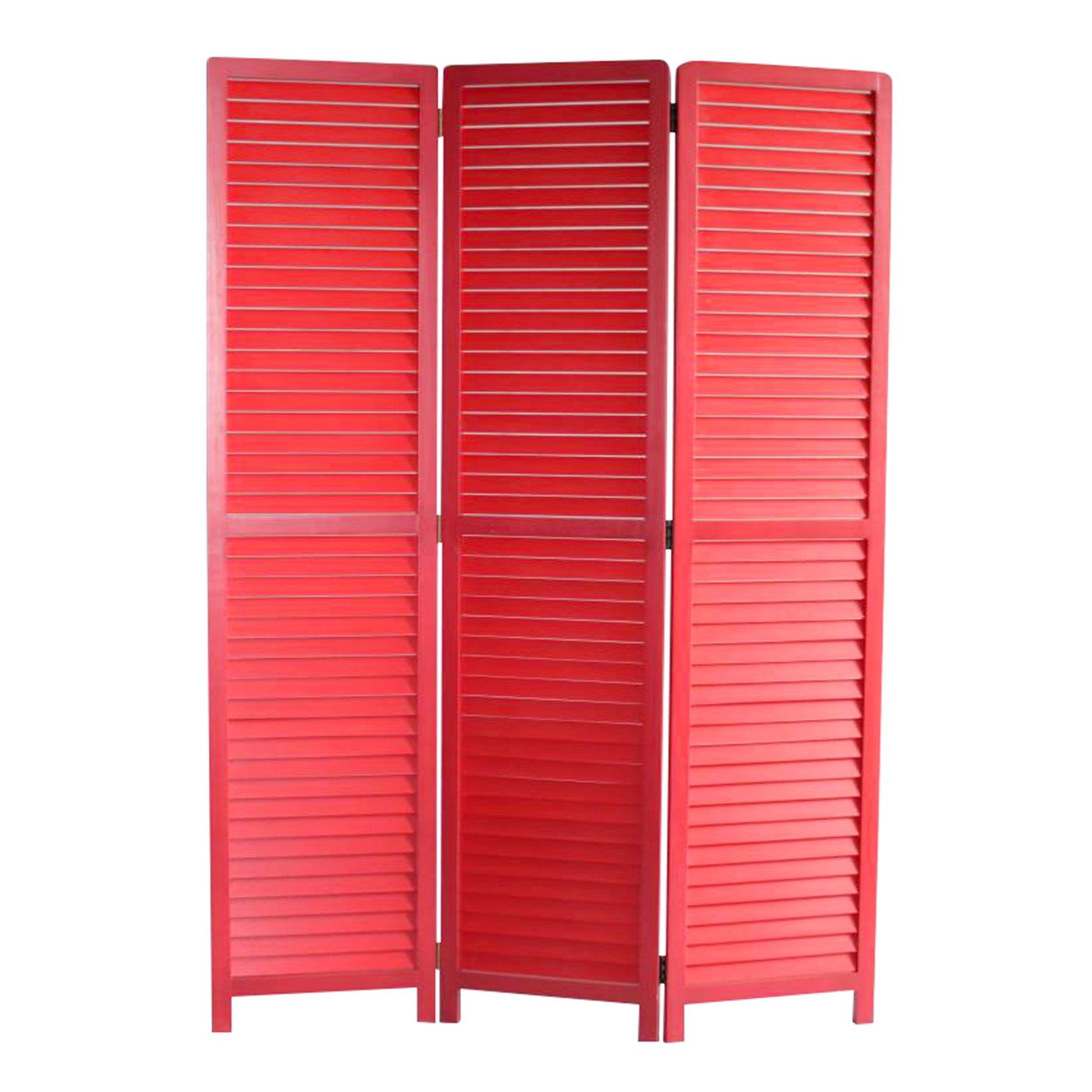 Transitional Wooden Screen with 3 Panels and Shutter Design, Red — Chic Home-Decor