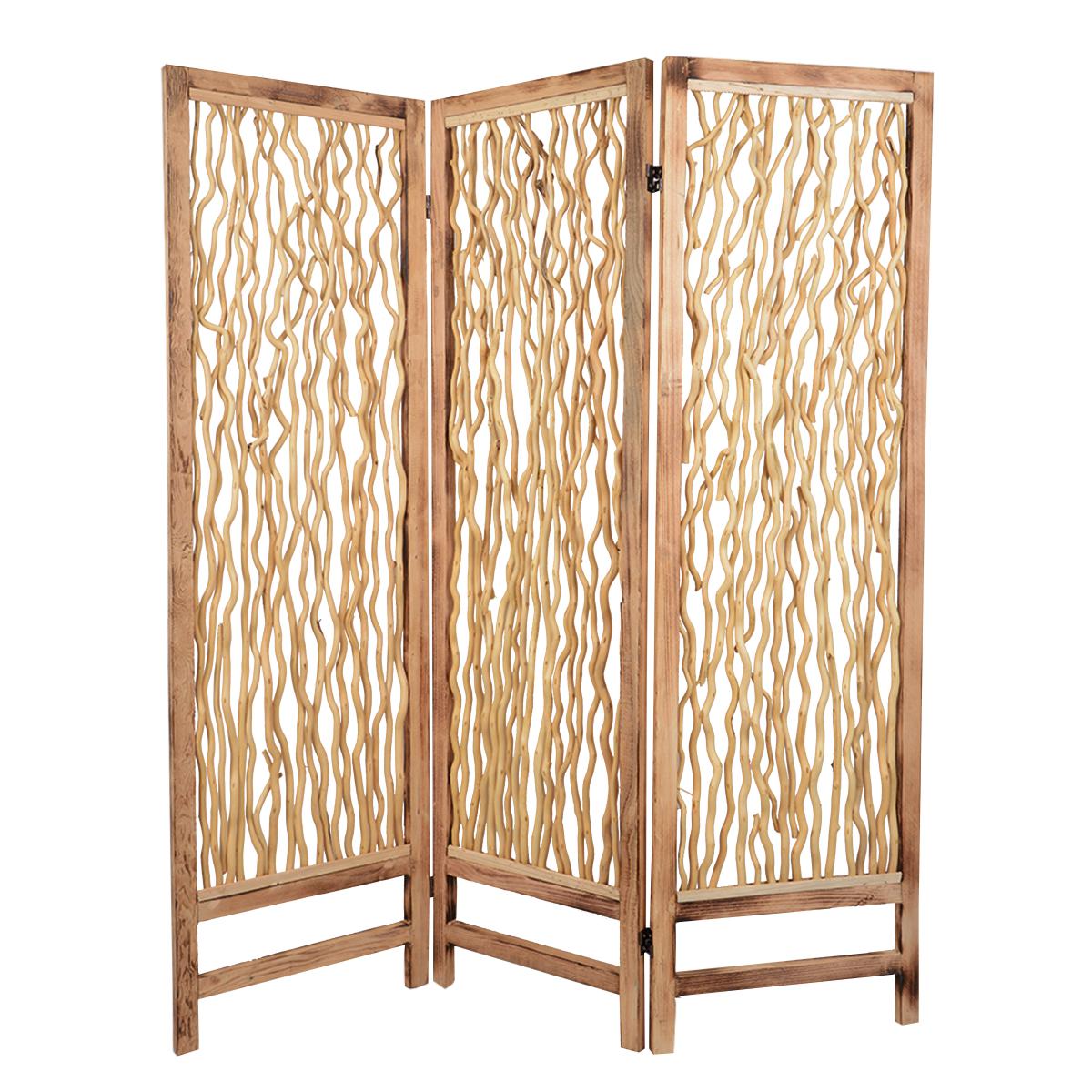 Contemporary 3 Panel Wood Screen with Vertical Branch Design, Brown — Chic Home-Decor