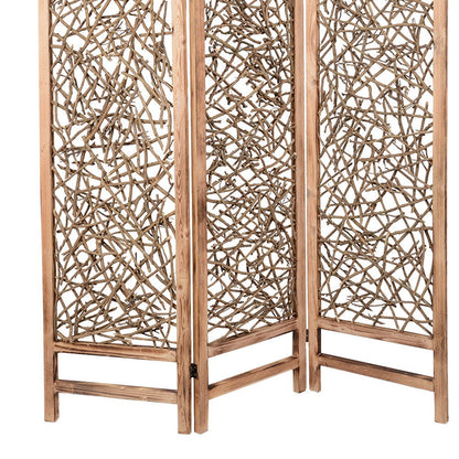 Contemporary 3 Panel Wooden Screen with Willow Branch Inset, Brown