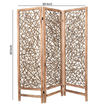 Contemporary 3 Panel Wooden Screen with Willow Branch Inset, Brown