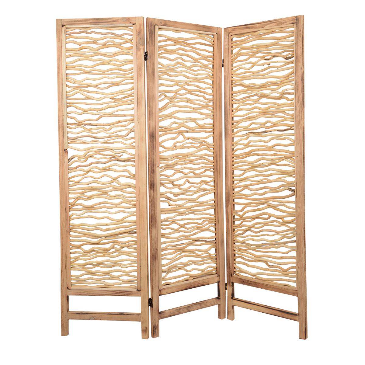 Contemporary 3 Panel Wood Screen with Horizontal Branch Design, Brown — Chic Home-Decor