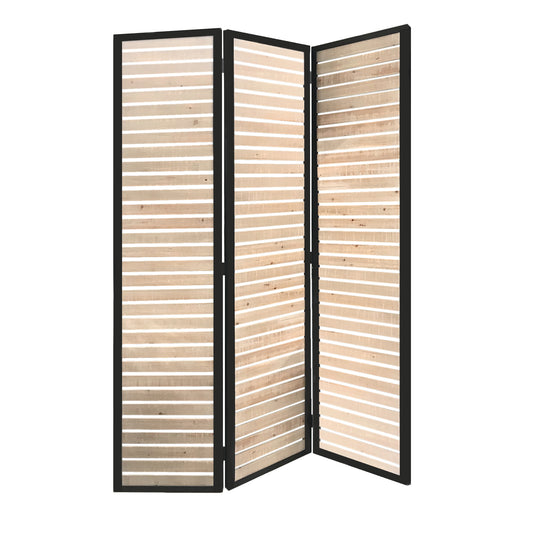 Metal Framed 3 Panel Screen with Wooden Horizontal Inset, Black & White — Chic Home-Decor