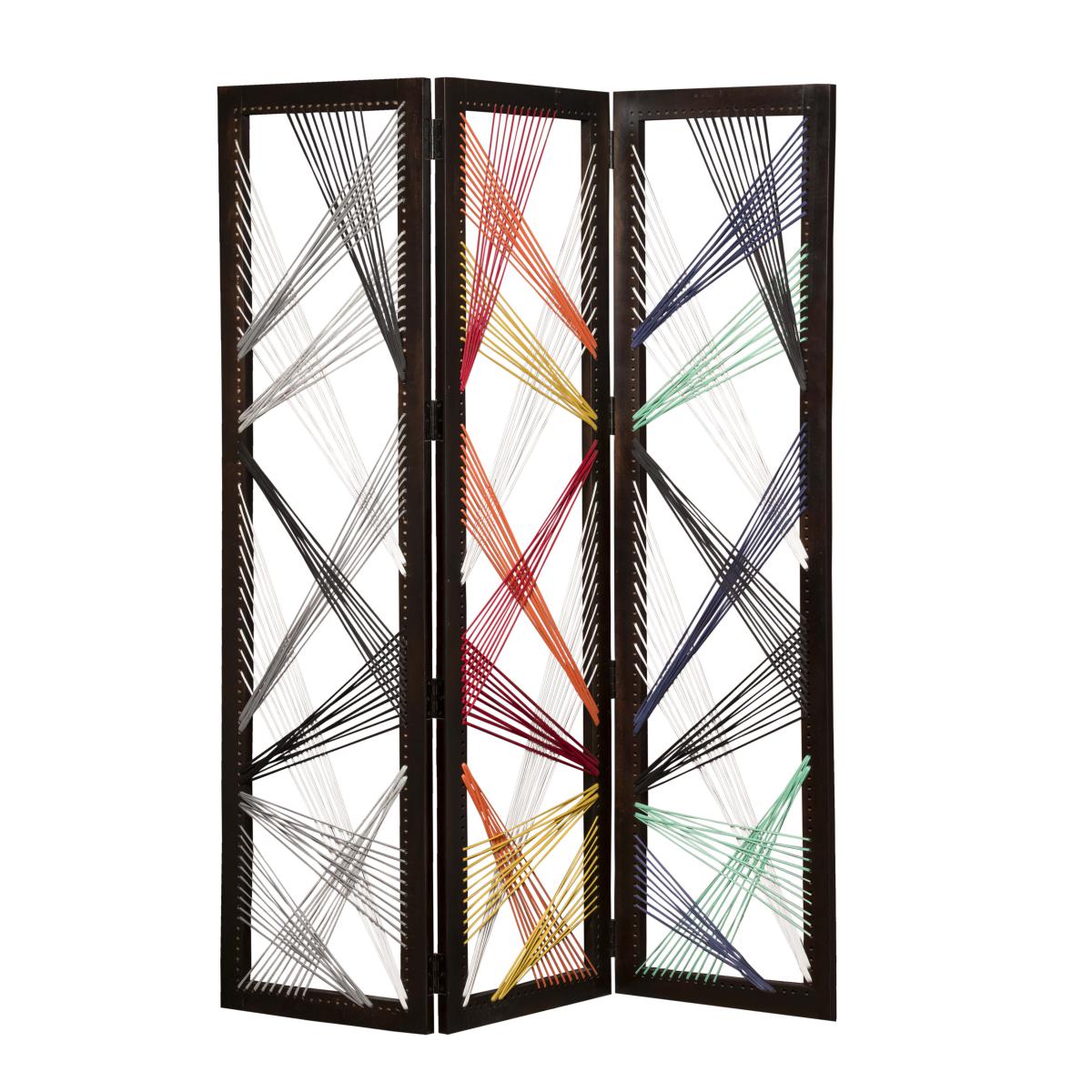 Contemporary 3 Panel Wooden Screen with Woven String Design, Multicolor — Chic Home-Decor
