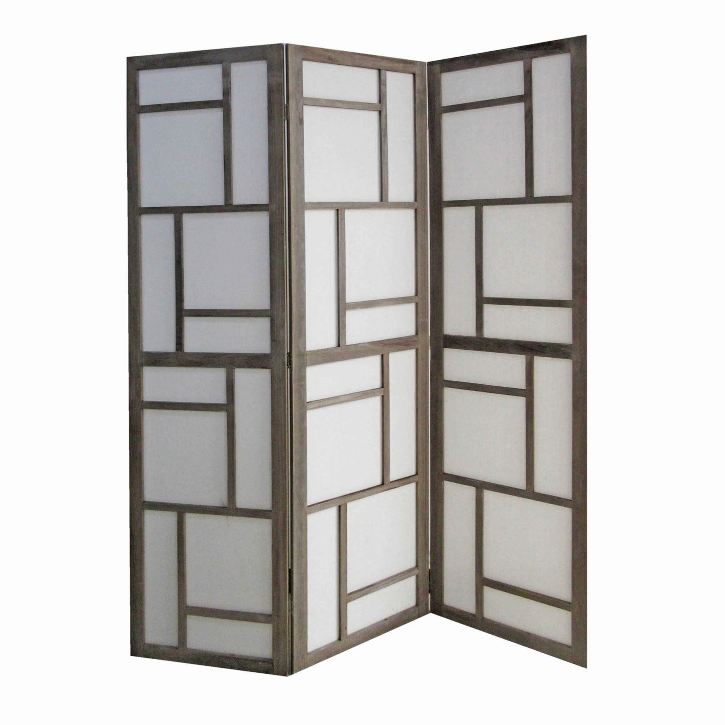Contemporary 3 Panel Wooden Screen with Geometrical Designs, Gray — Chic Home-Decor