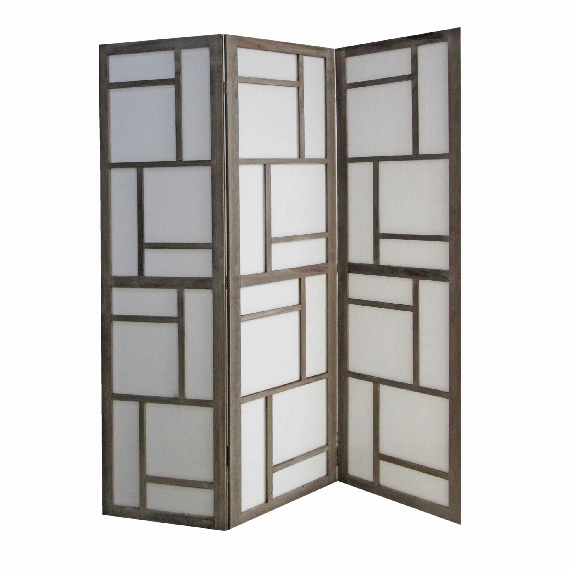Contemporary 3 Panel Wooden Screen with Geometrical Designs, Gray — Chic Home-Decor