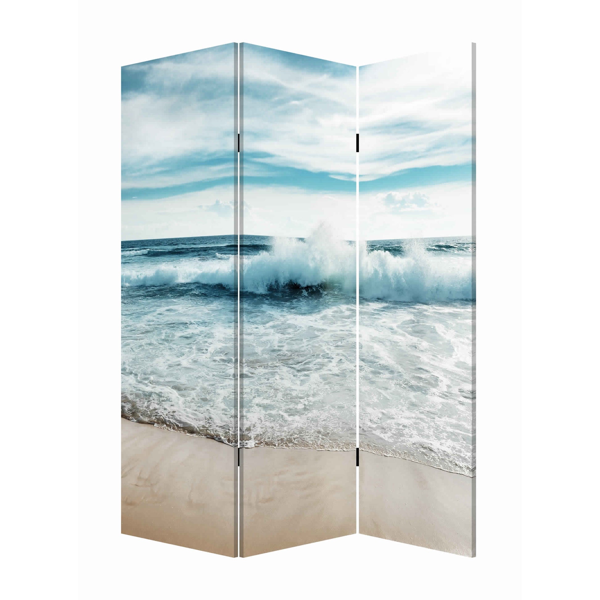 Foldable Canvas Screen with Ocean Shore Print and 3 Panels, Multicolor — Chic Home-Decor