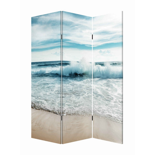 Foldable Canvas Screen with Ocean Shore Print and 3 Panels, Multicolor — Chic Home-Decor