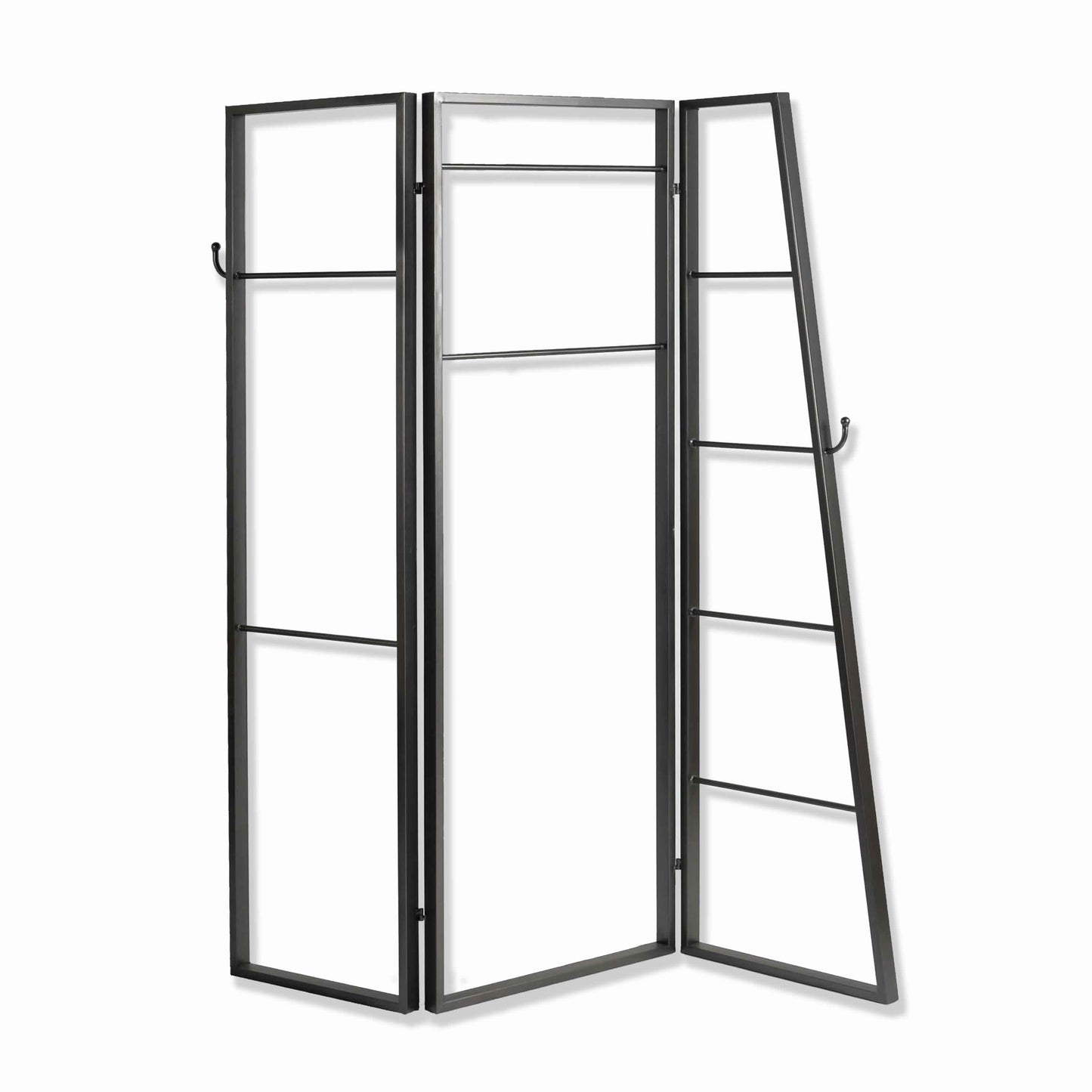 Modern 3-panel metal room divider with hooks and rod hangings, black finish
