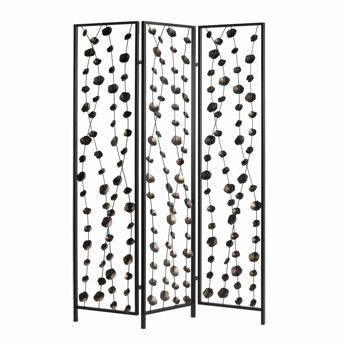 Transitional 3 Panel Metal Screen with Intricate Flower Design, Black — Chic Home-Decor