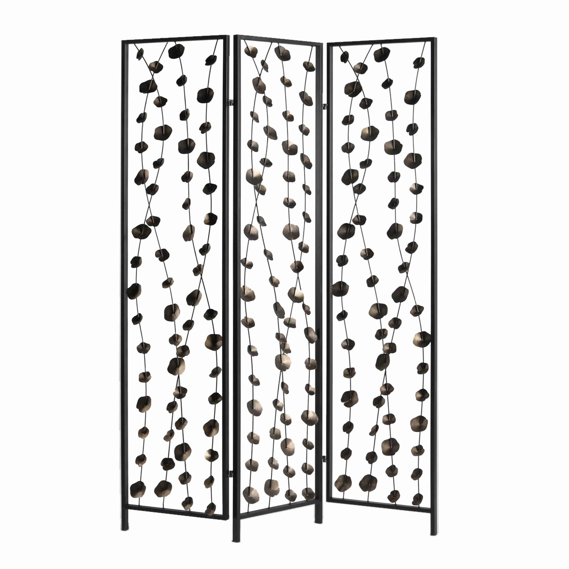 Transitional 3 Panel Metal Screen with Intricate Flower Design, Black — Chic Home-Decor