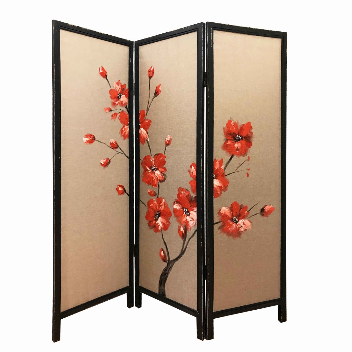 3-panel wooden screen with hand-painted beige fabric and red cherry blossoms, black frames, Benzara.