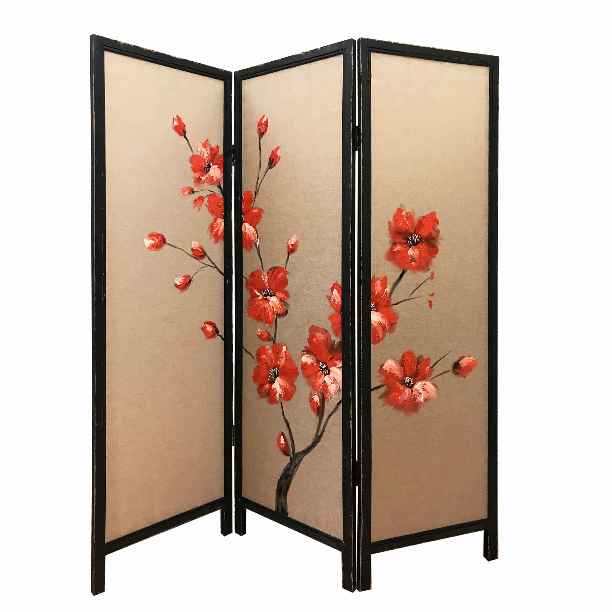 3-panel wooden screen with hand-painted beige fabric and red cherry blossoms, black frames, Benzara.