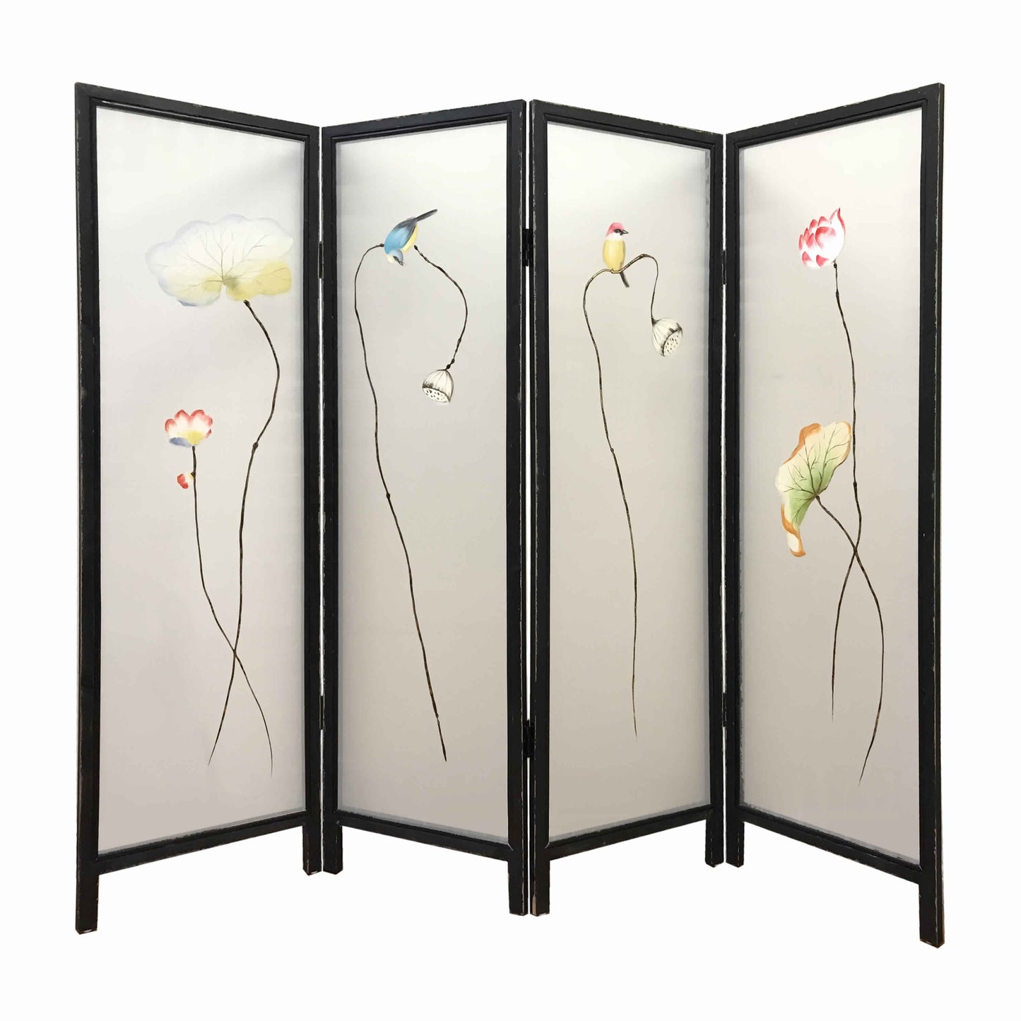 4 Panel Wooden Screen with Hand painted Fabric Design, Brown & Beige — Chic Home-Decor