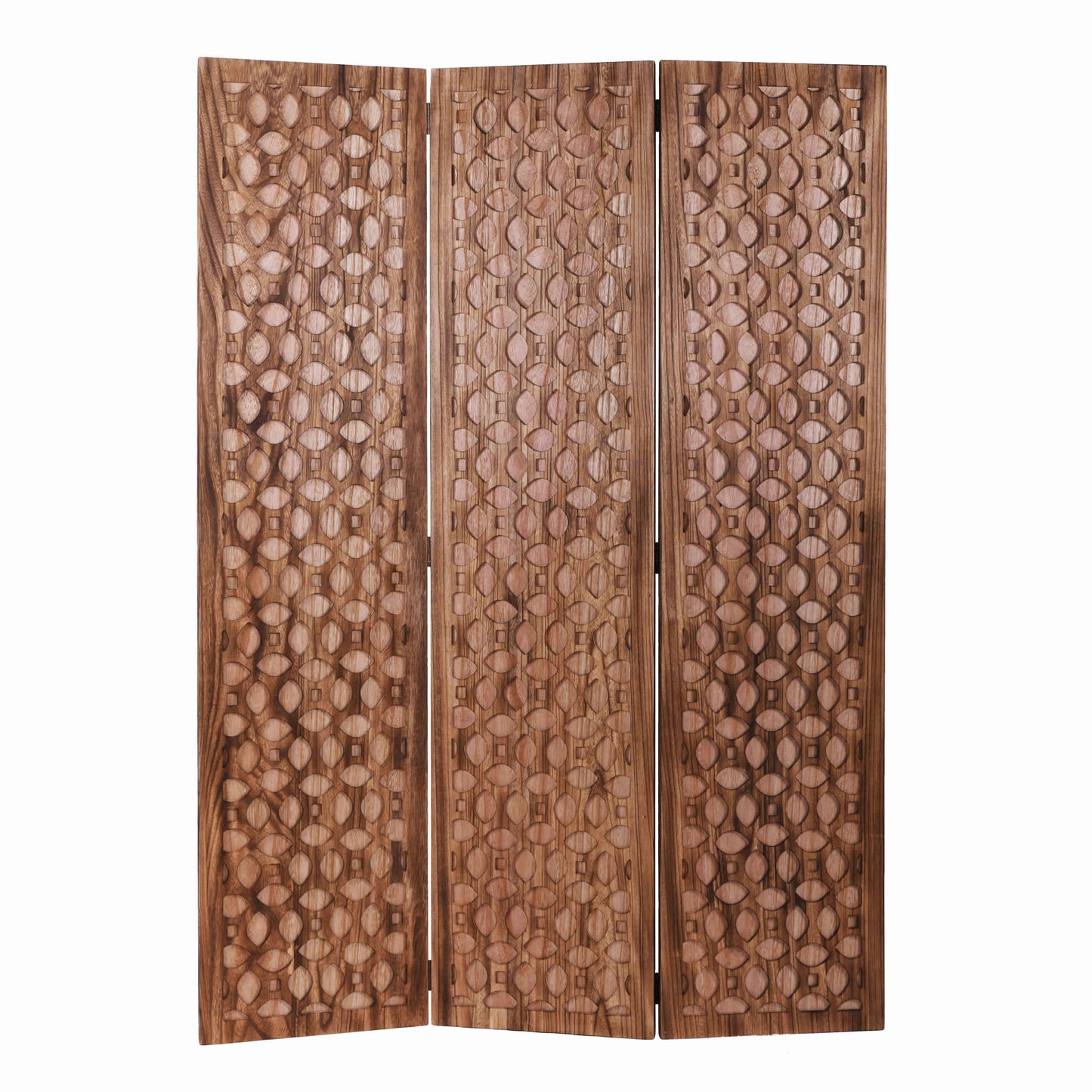 3 Panel Transitional Wooden Screen with Leaf Like Carvings, Brown — Chic Home-Decor