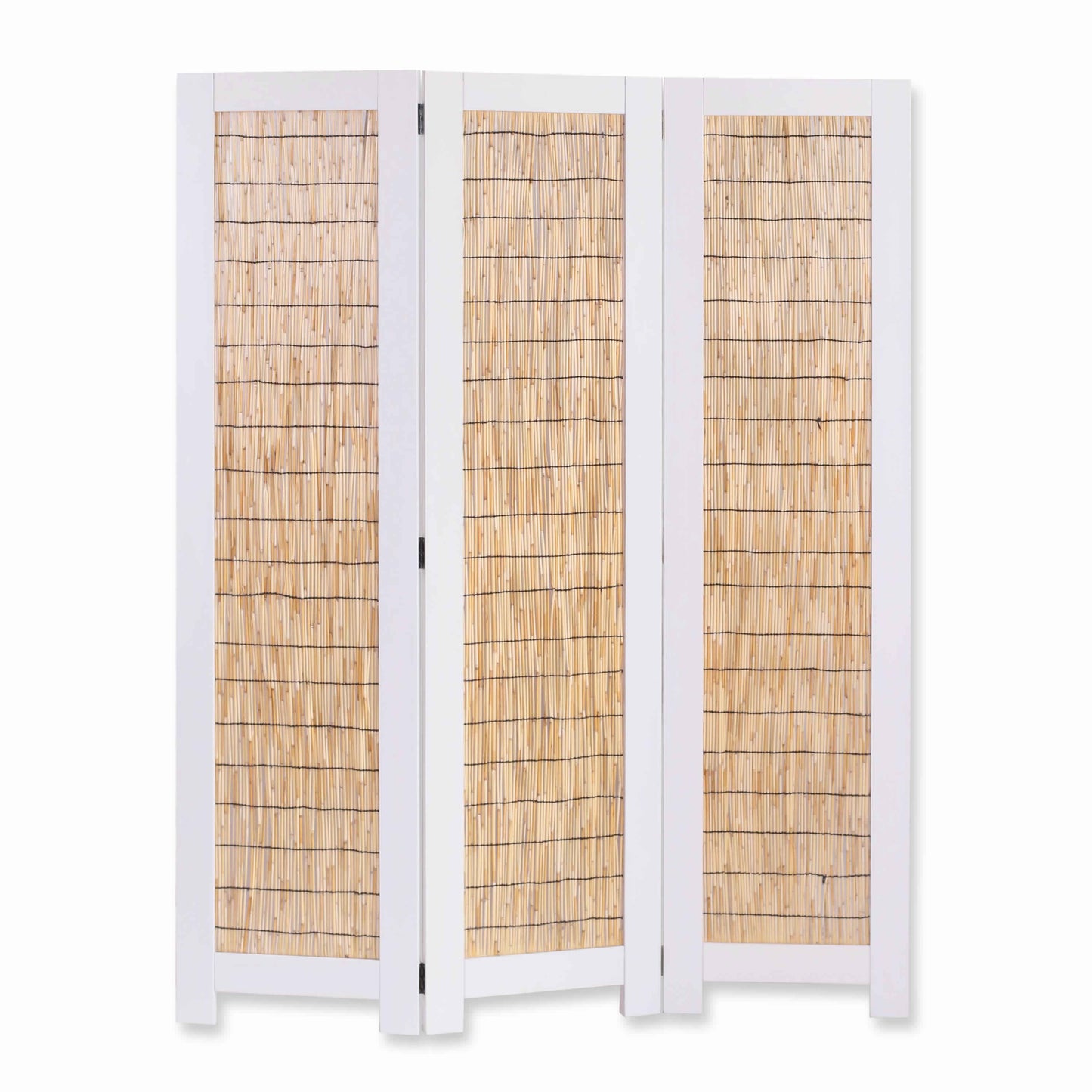 Transitional 3 Panel Wooden Screen with Wicker Paneling, White and Brown — Chic Home-Decor