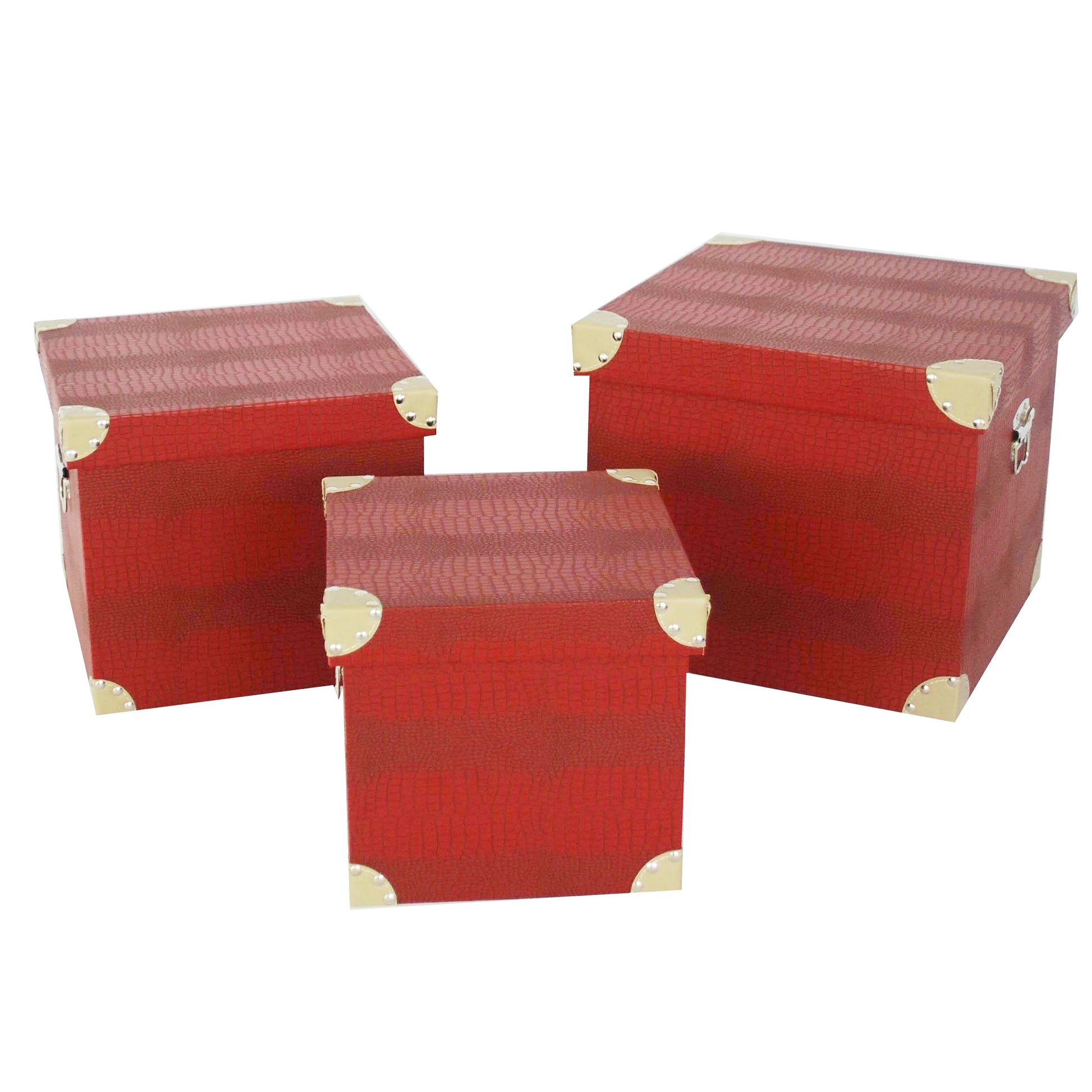 Storage Trunk with Textured Canvas Upholstery, Red and Gold, Set of 3 — Chic Home-Decor