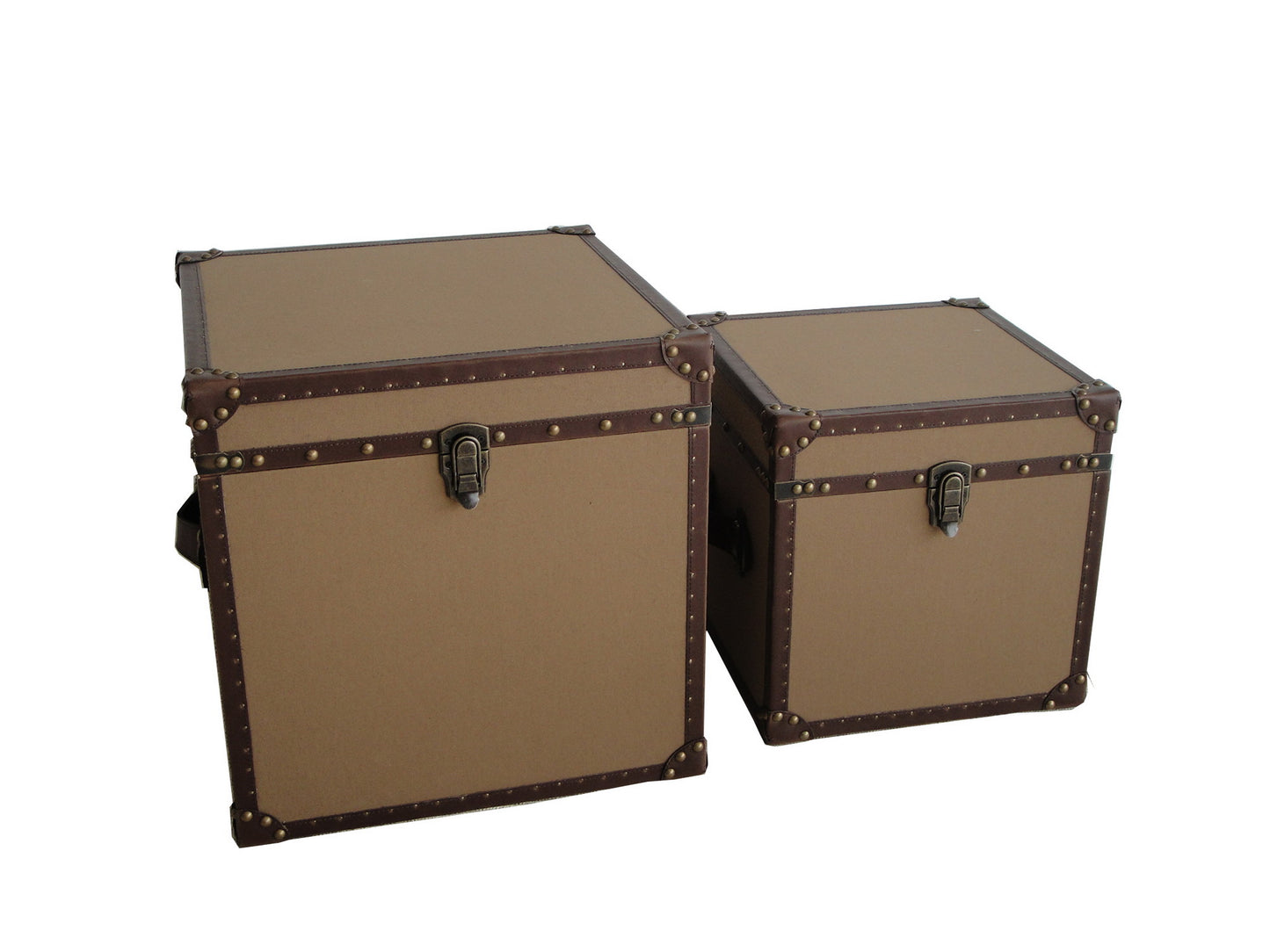 Fabric Upholstered Square Trunk with Nailhead Details, Brown, Set of 2 — Chic Home-Decor