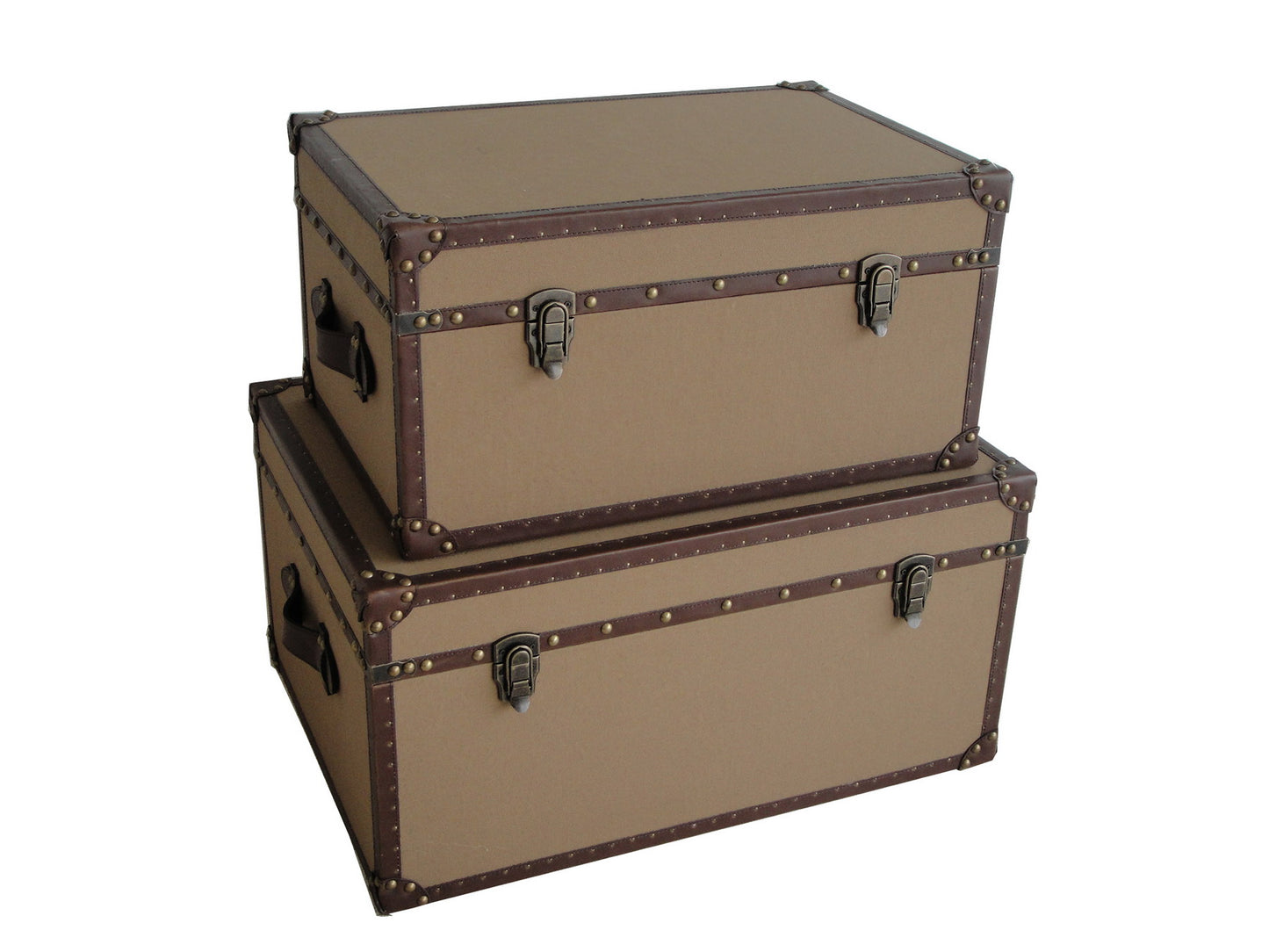 Fabric Upholstered Rectangular Trunk with Nailhead Details, Brown, Set of 2 — Chic Home-Decor
