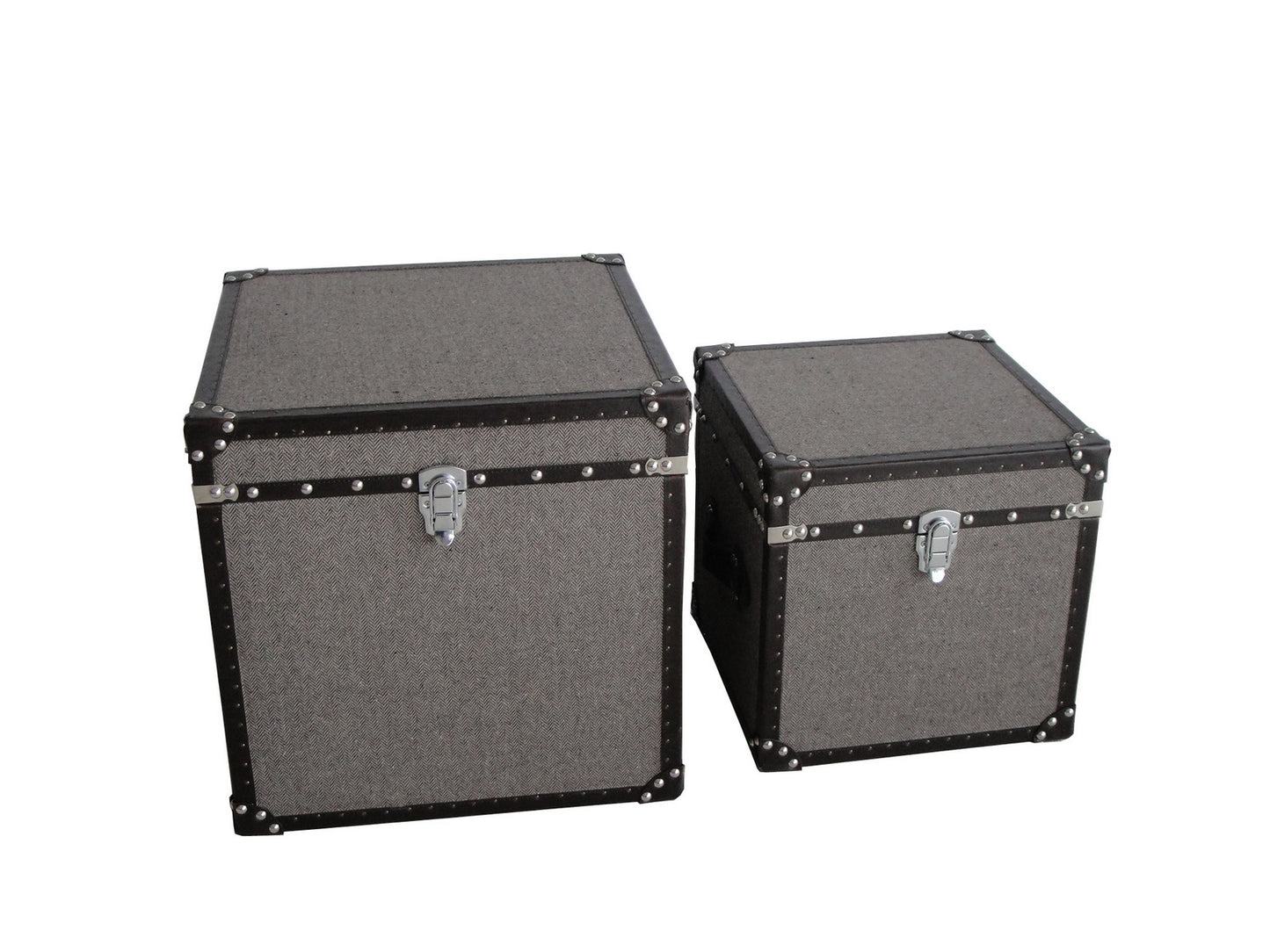 Fabric Upholstered Square Trunk with Nailhead Details, Gray, Set of 2 — Chic Home-Decor