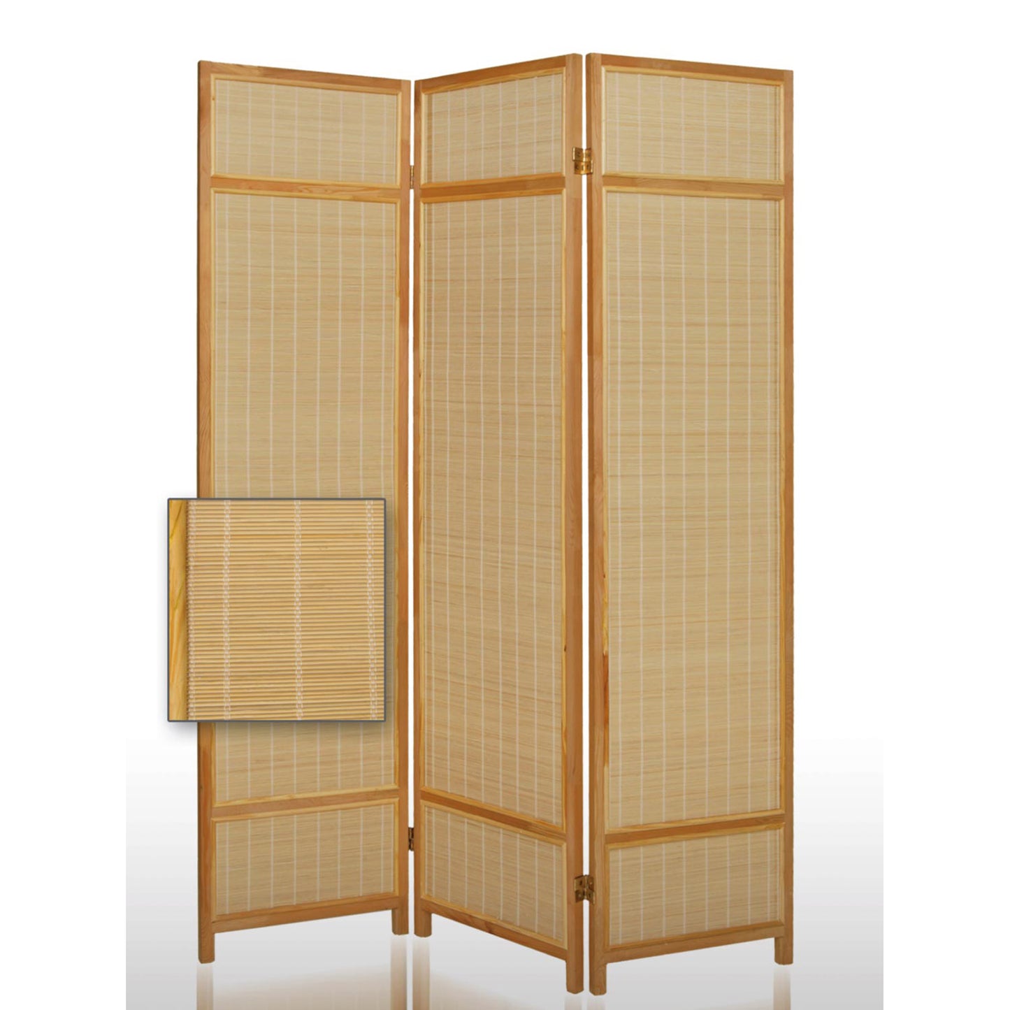Wooden Frame 3 panel Foldable Screen with Bamboo Straw Details, Brown — Chic Home-Decor