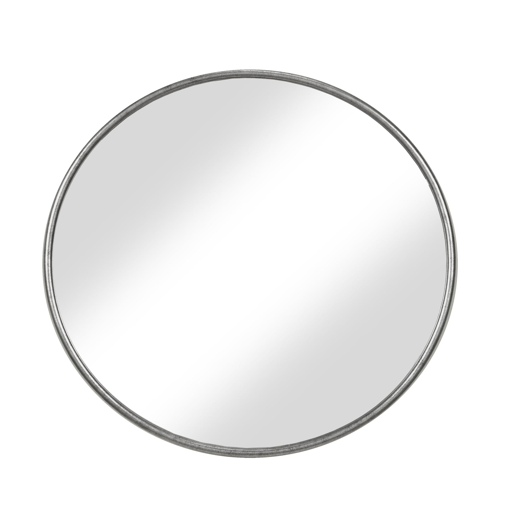 Round metal-framed wall mirror, large, antique silver finish with contemporary style