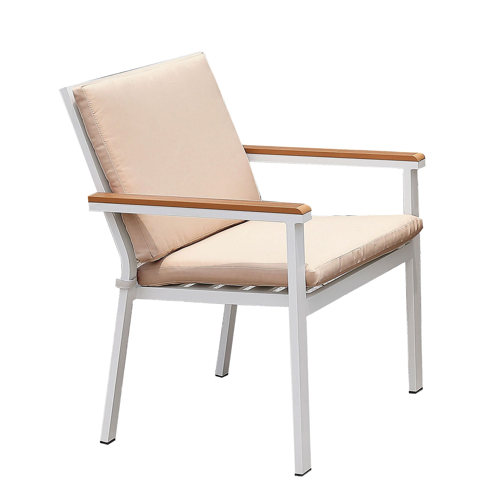 27 inch aluminum-frame outdoor arm chair with beige cushions and wood-toned armrests