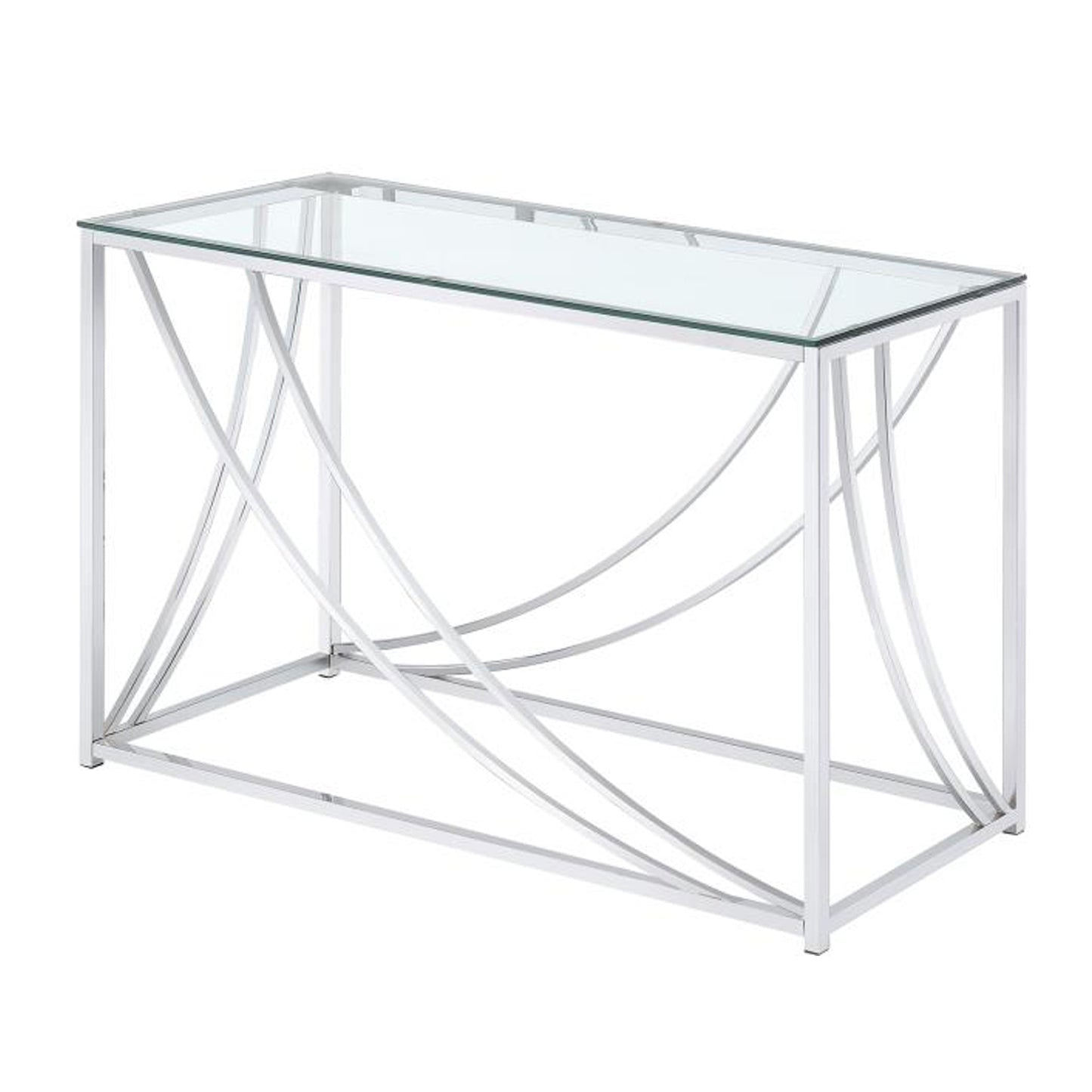 Sofa table with rectangular glass top and swooping silver metal frame
