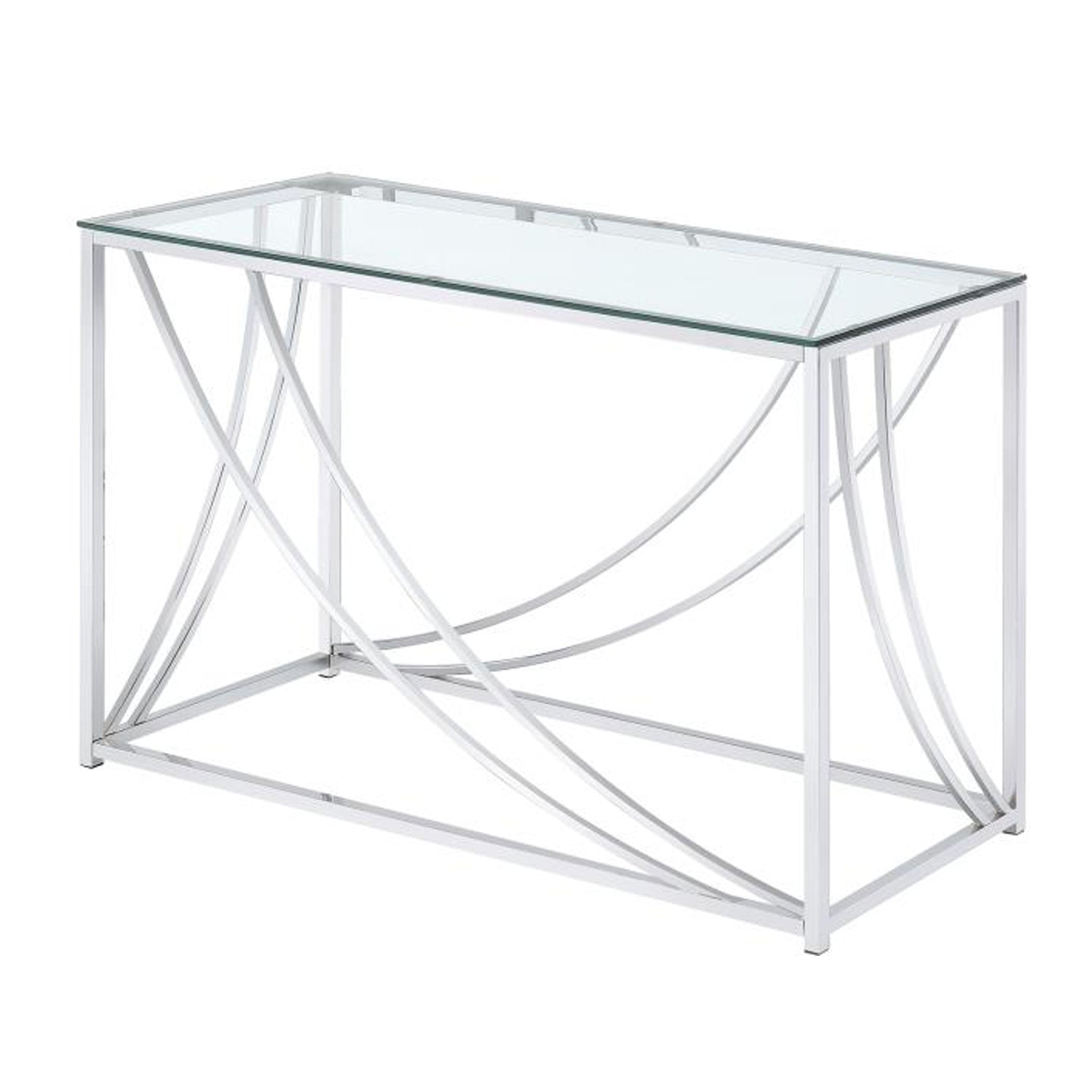 Sofa table with rectangular glass top and swooping silver metal frame