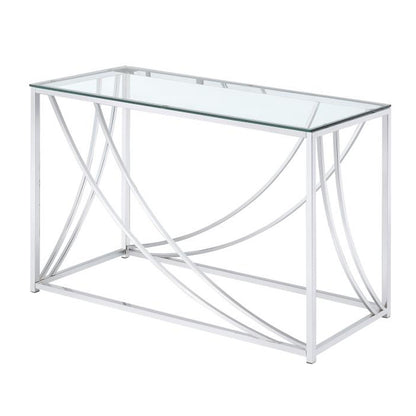 Sofa table with rectangular glass top and swooping silver metal frame