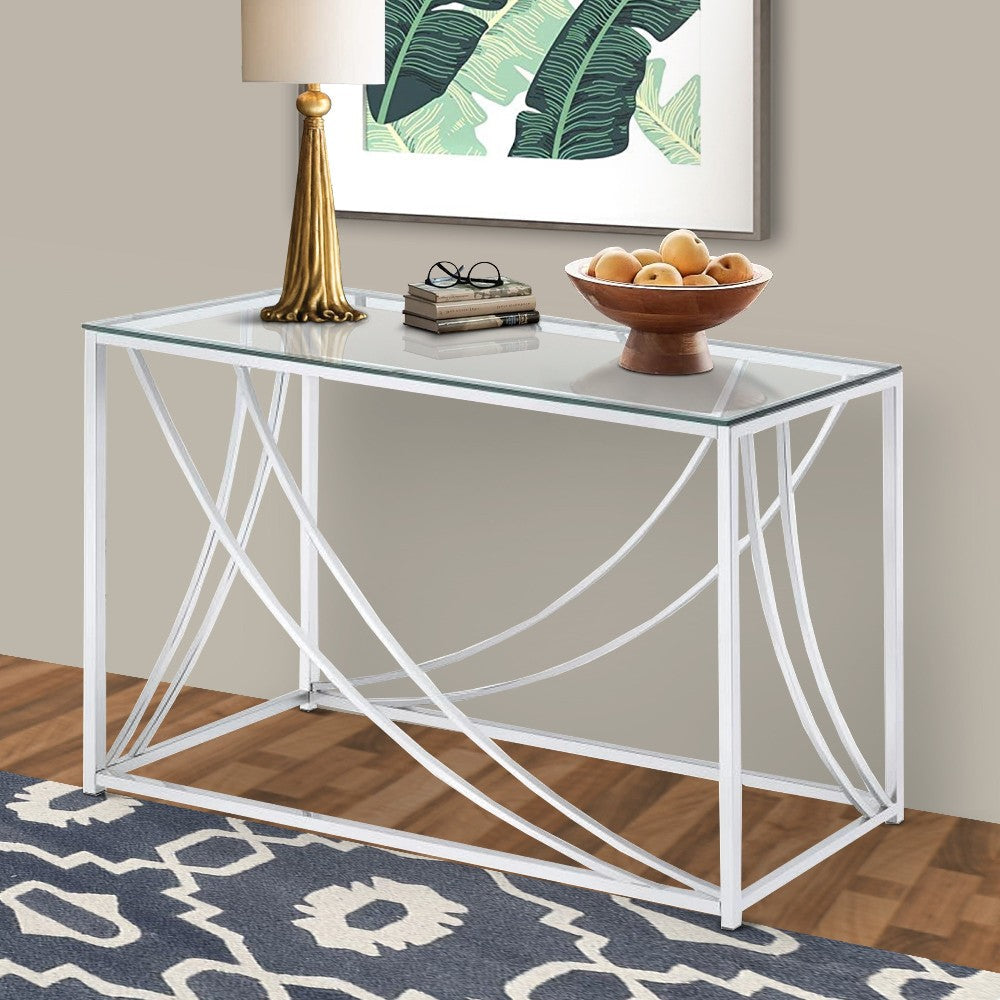 Glass Top Rectangular Sofa Table with Swooping  Curves, Clear and Silver