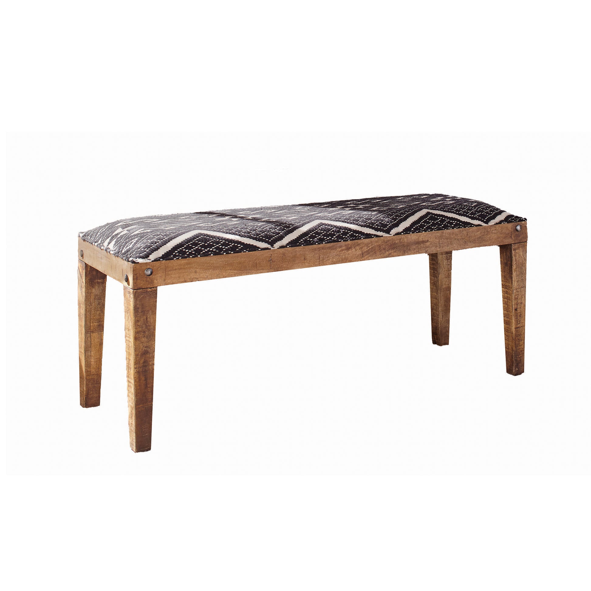 Fabric upholstered wooden bench with tapered legs in brown and blue by Benzara