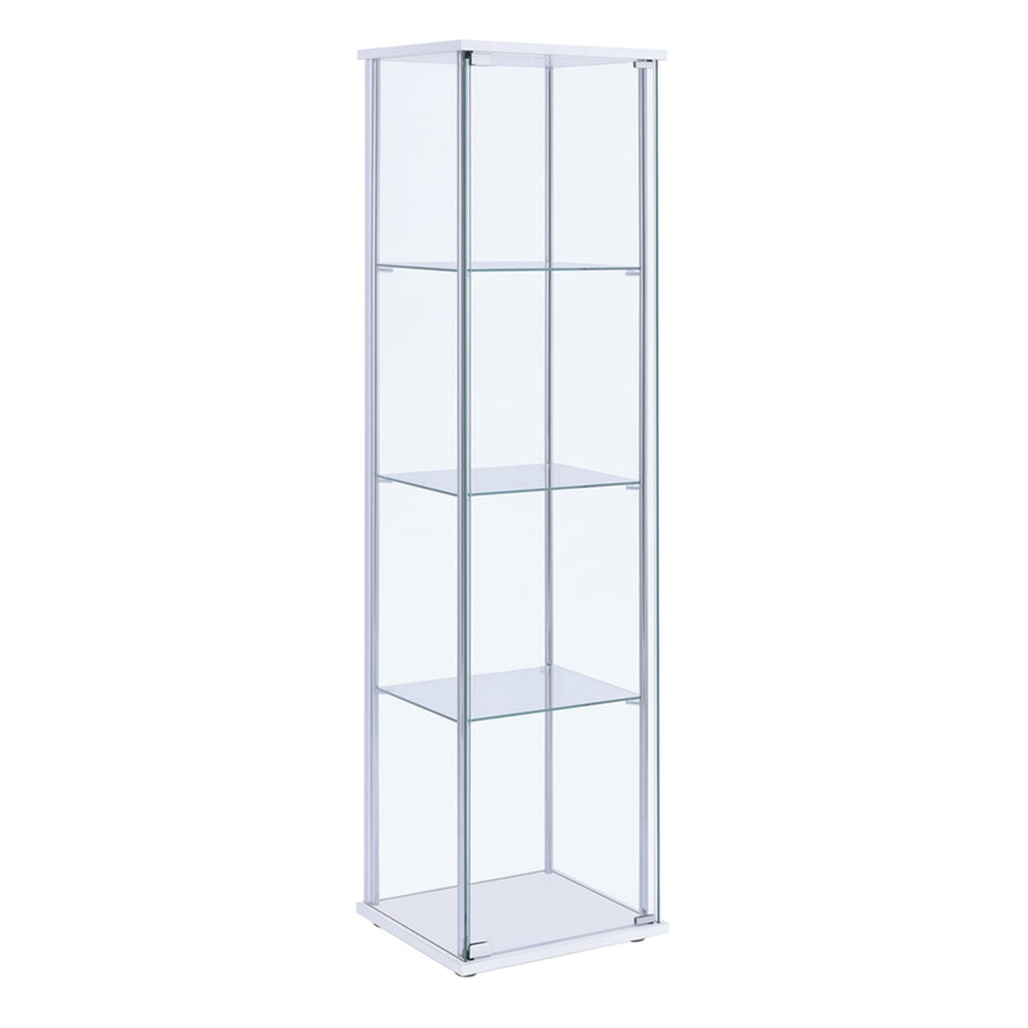 Glass and metal curio cabinet with 4 clear glass shelves, white frame by Benzara