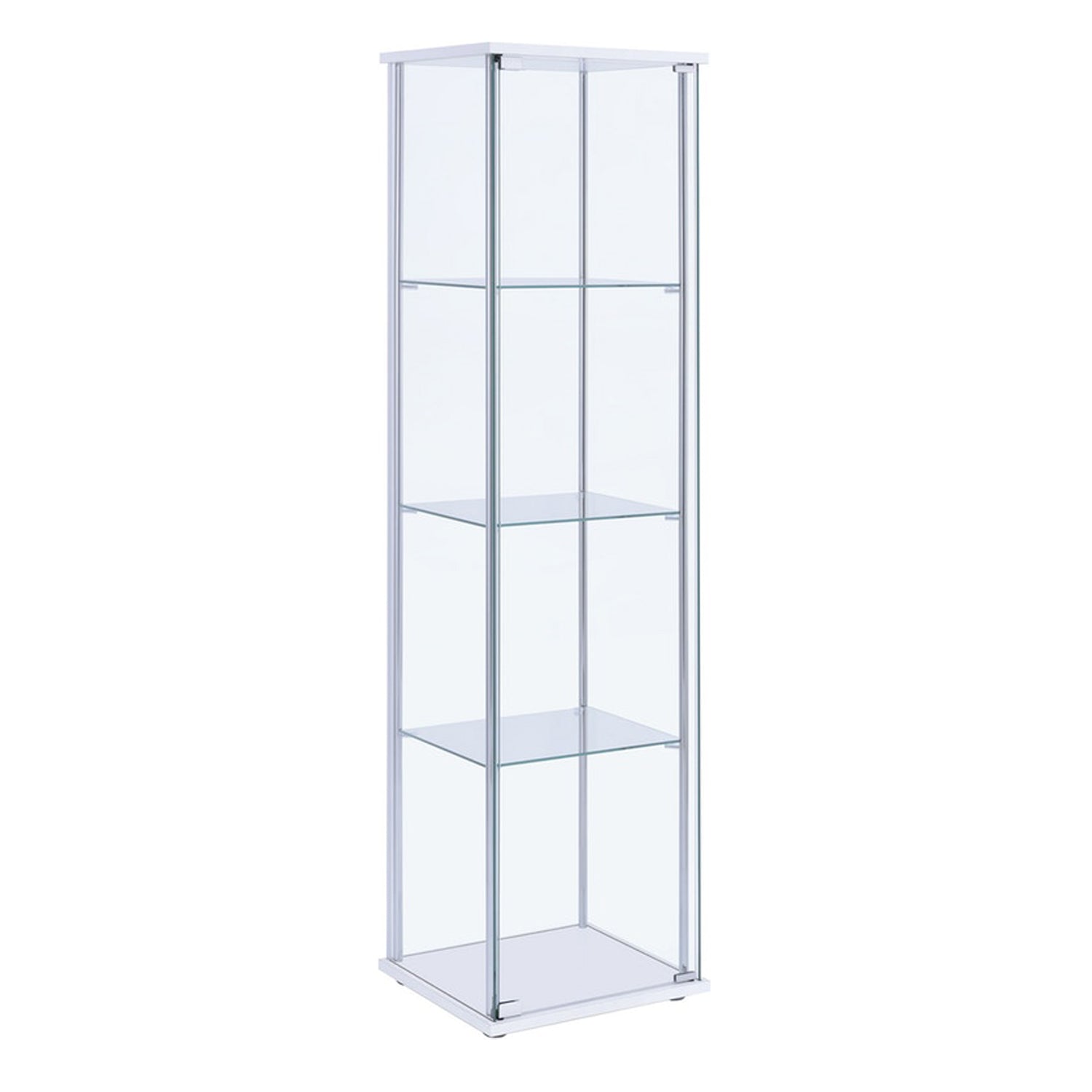 Glass and metal curio cabinet with 4 clear glass shelves, white frame by Benzara