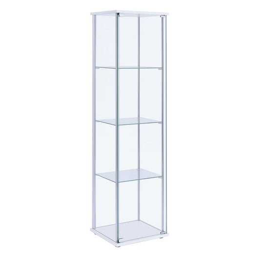 Glass and metal curio cabinet with 4 clear glass shelves, white frame by Benzara