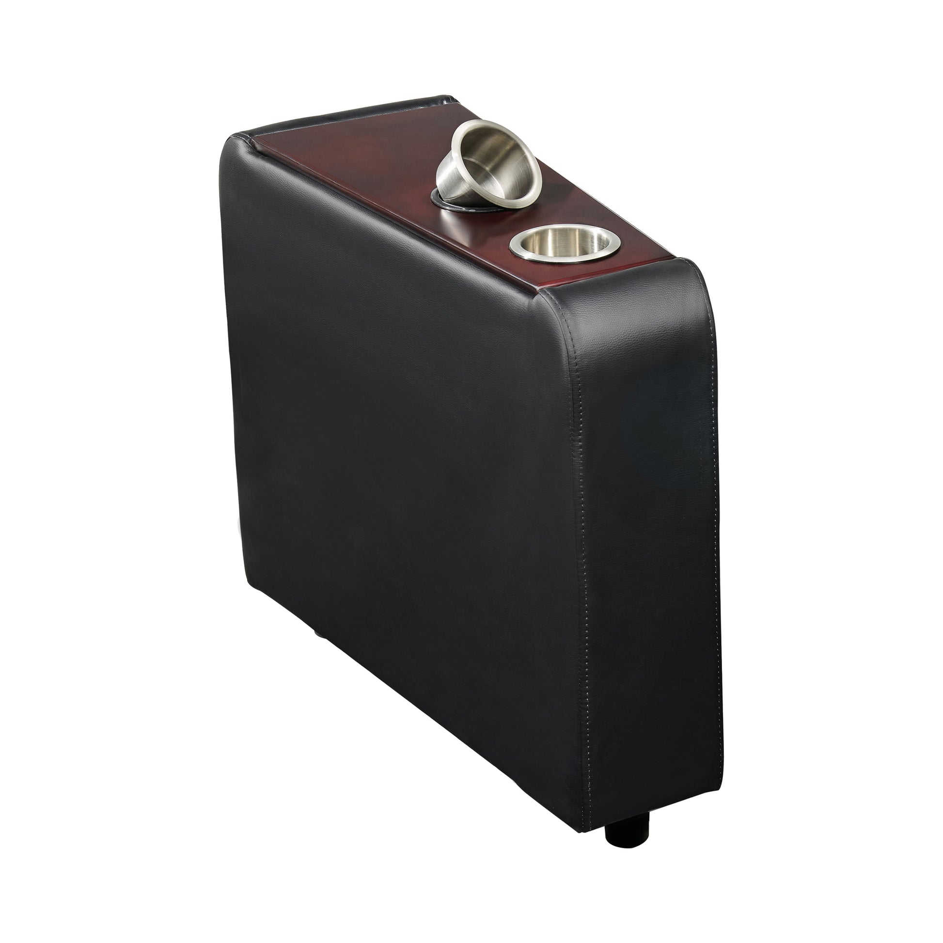 Leatherette console with 2 removable metal cup holders on a dark wood top and black upholstery