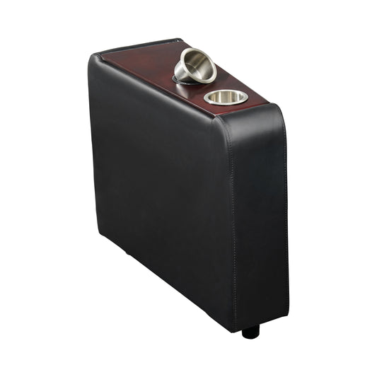 Leatherette console with 2 removable metal cup holders on a dark wood top and black upholstery