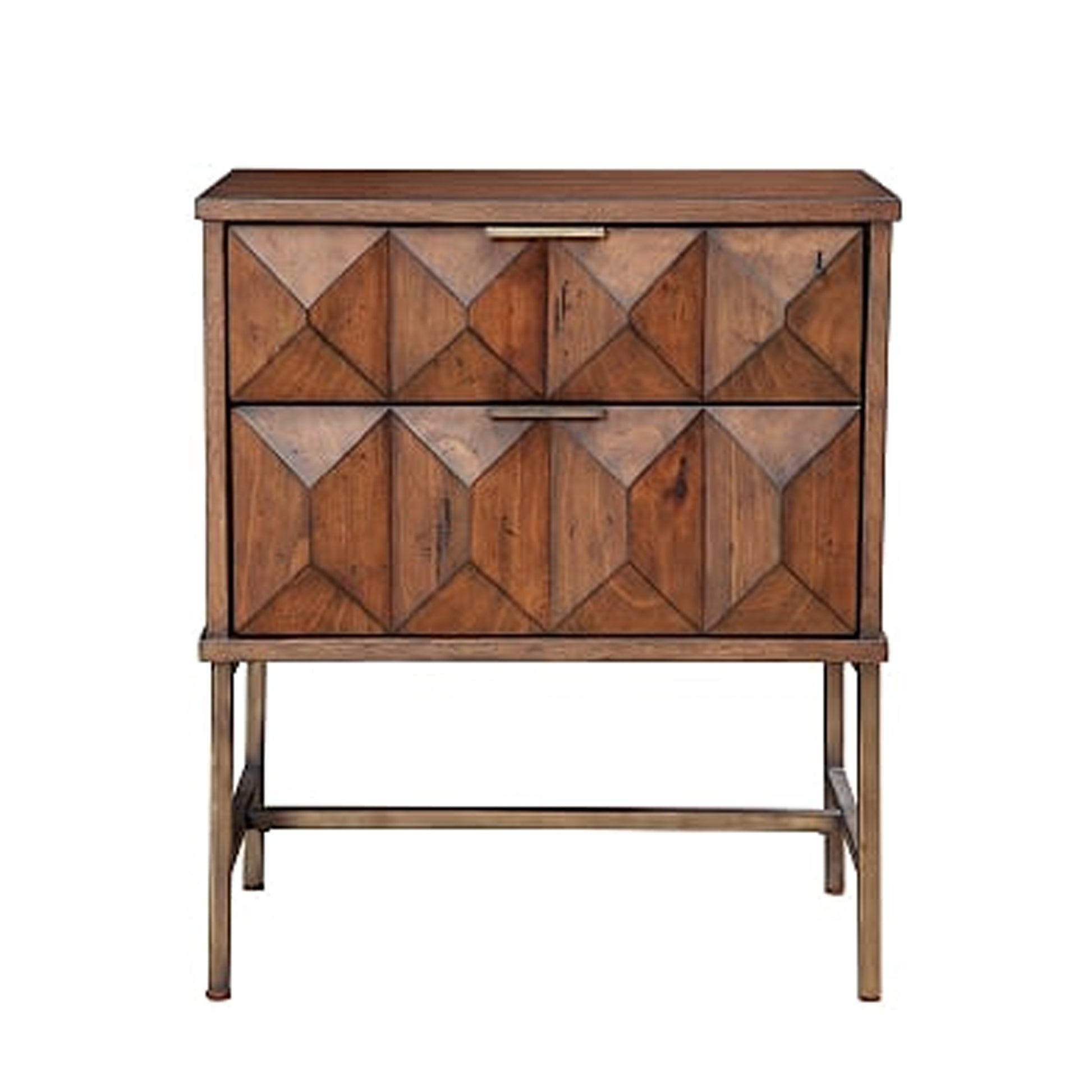 2-drawer nightstand with honeycomb drawer fronts, brown finish, and metal legs
