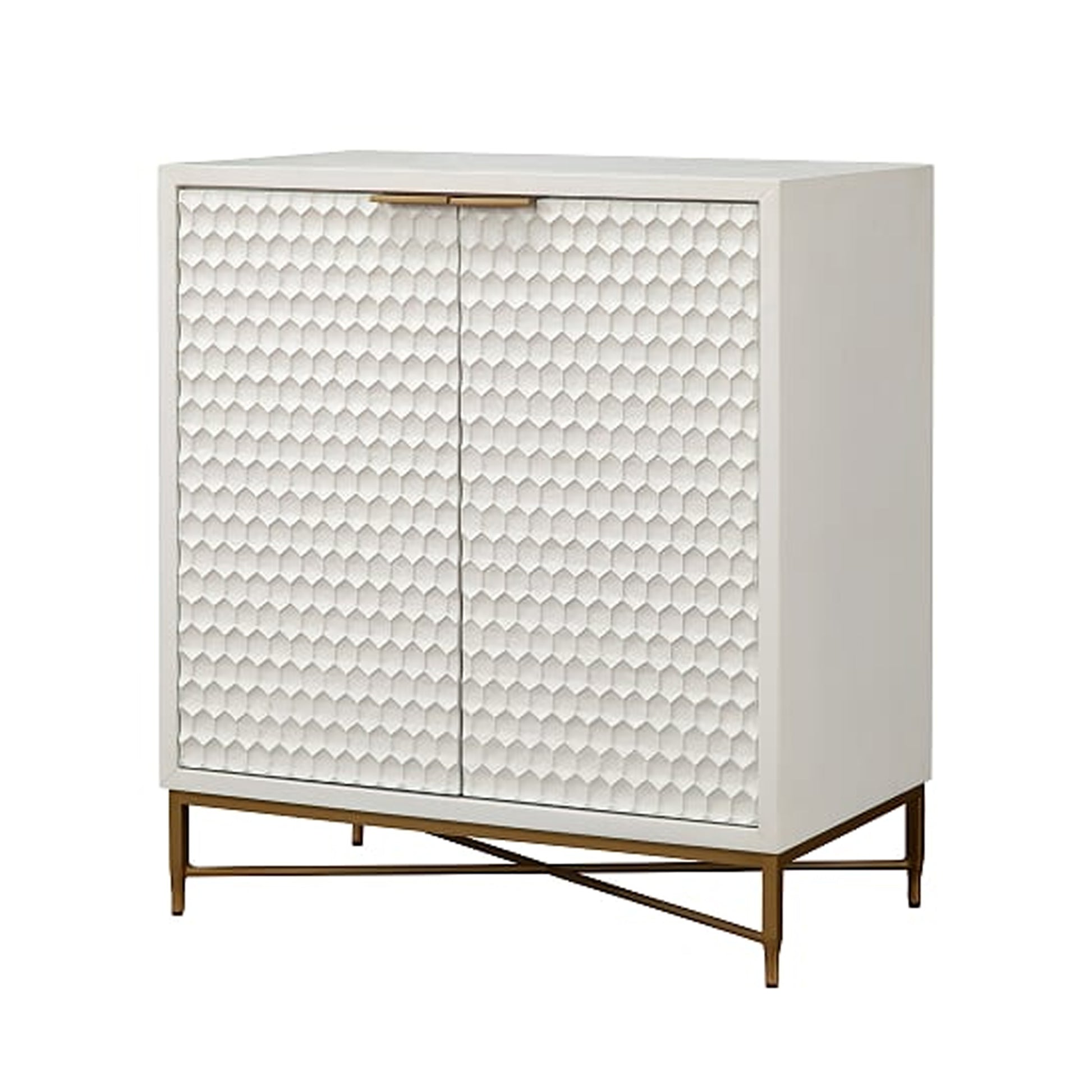 Bar cabinet with white honeycomb-front doors and metal legs, 2-door design