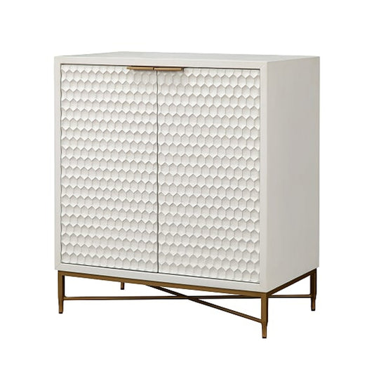 Bar cabinet with white honeycomb-front doors and metal legs, 2-door design