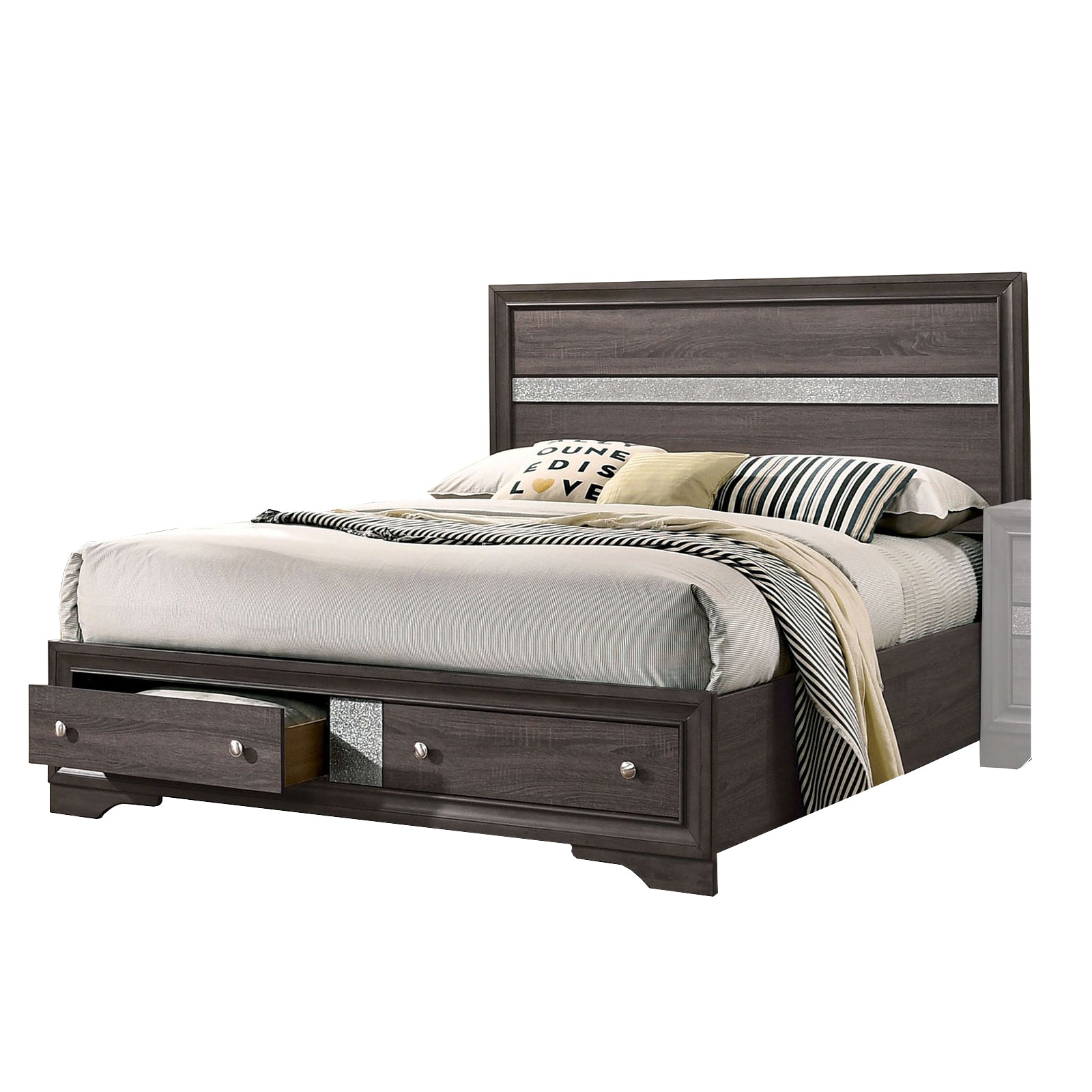Queen Bed with Plank Headboard and 2 Drawers, Brown and Silver — Chic Home-Decor