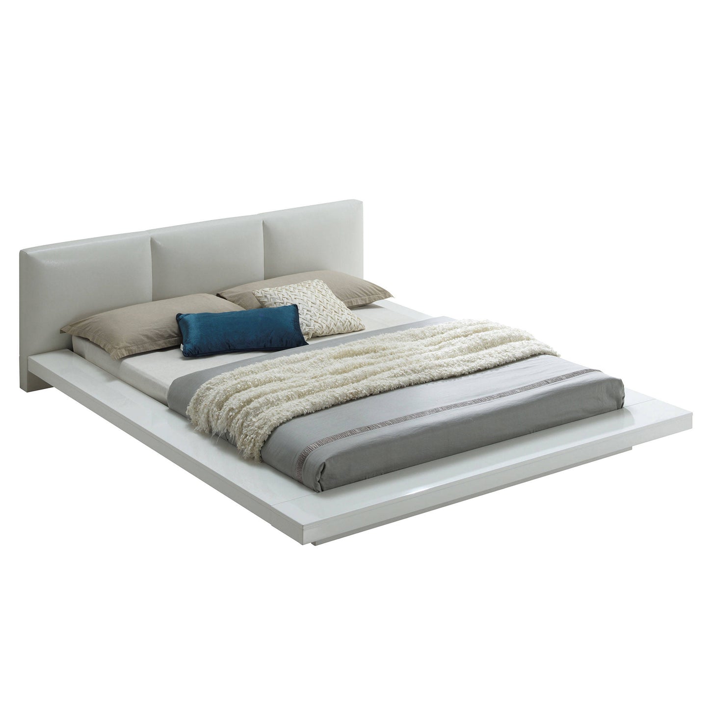Wooden Queen Size Low Profile Bed with Padded Headboard, White — Chic Home-Decor