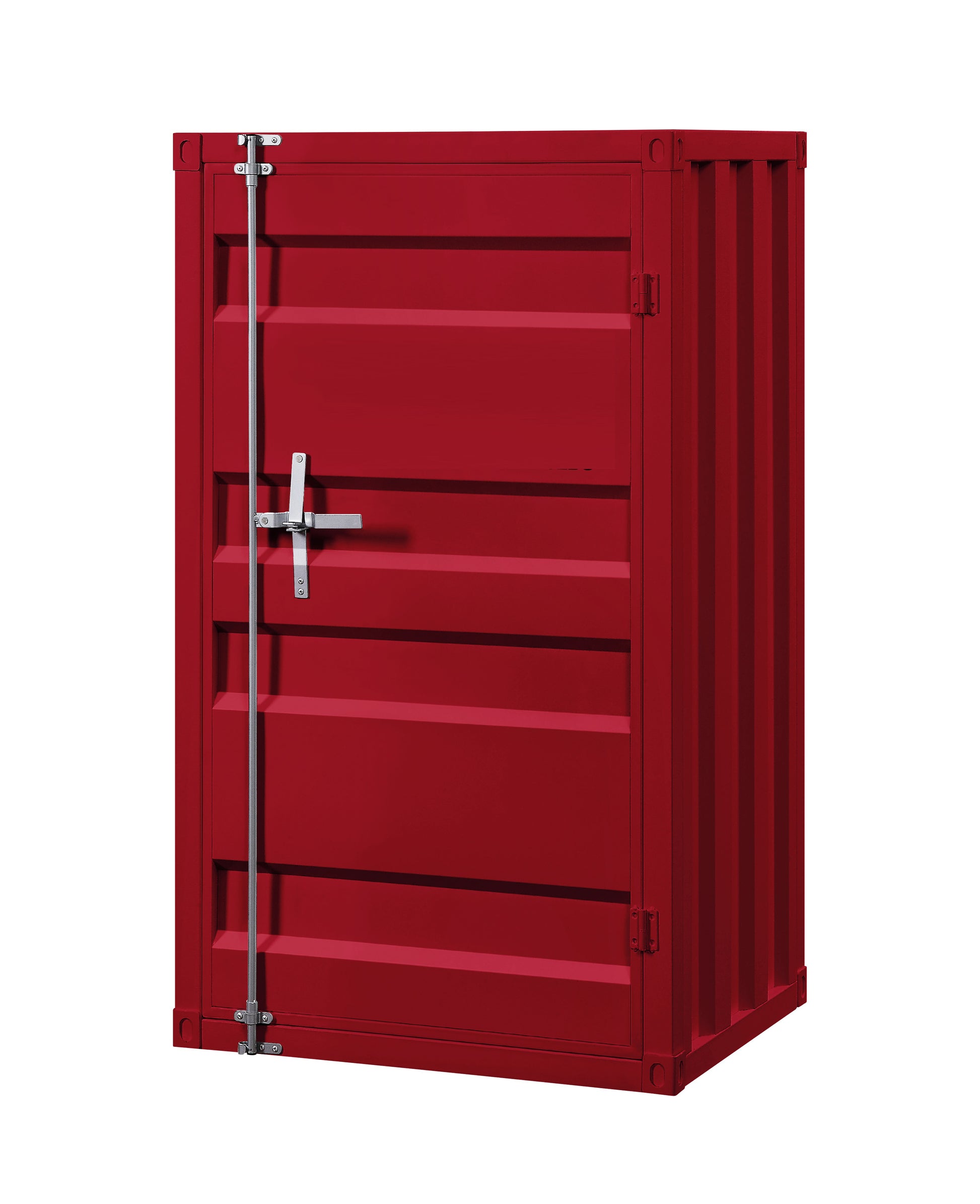 Benzara red industrial-style metal base single-door chest with slatted panel design