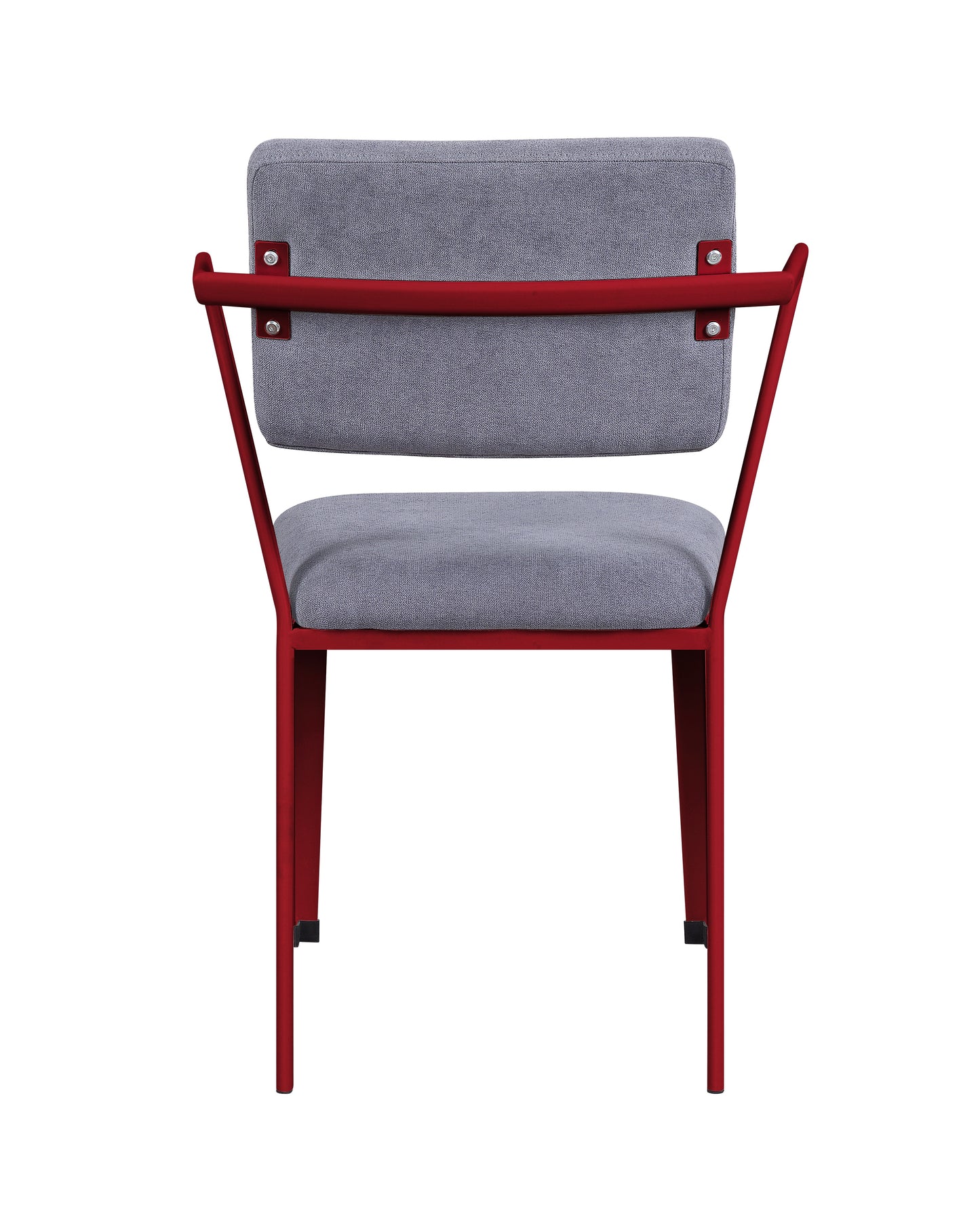 Fabric upholstered chair with a red metal frame and gray fabric back and seat.