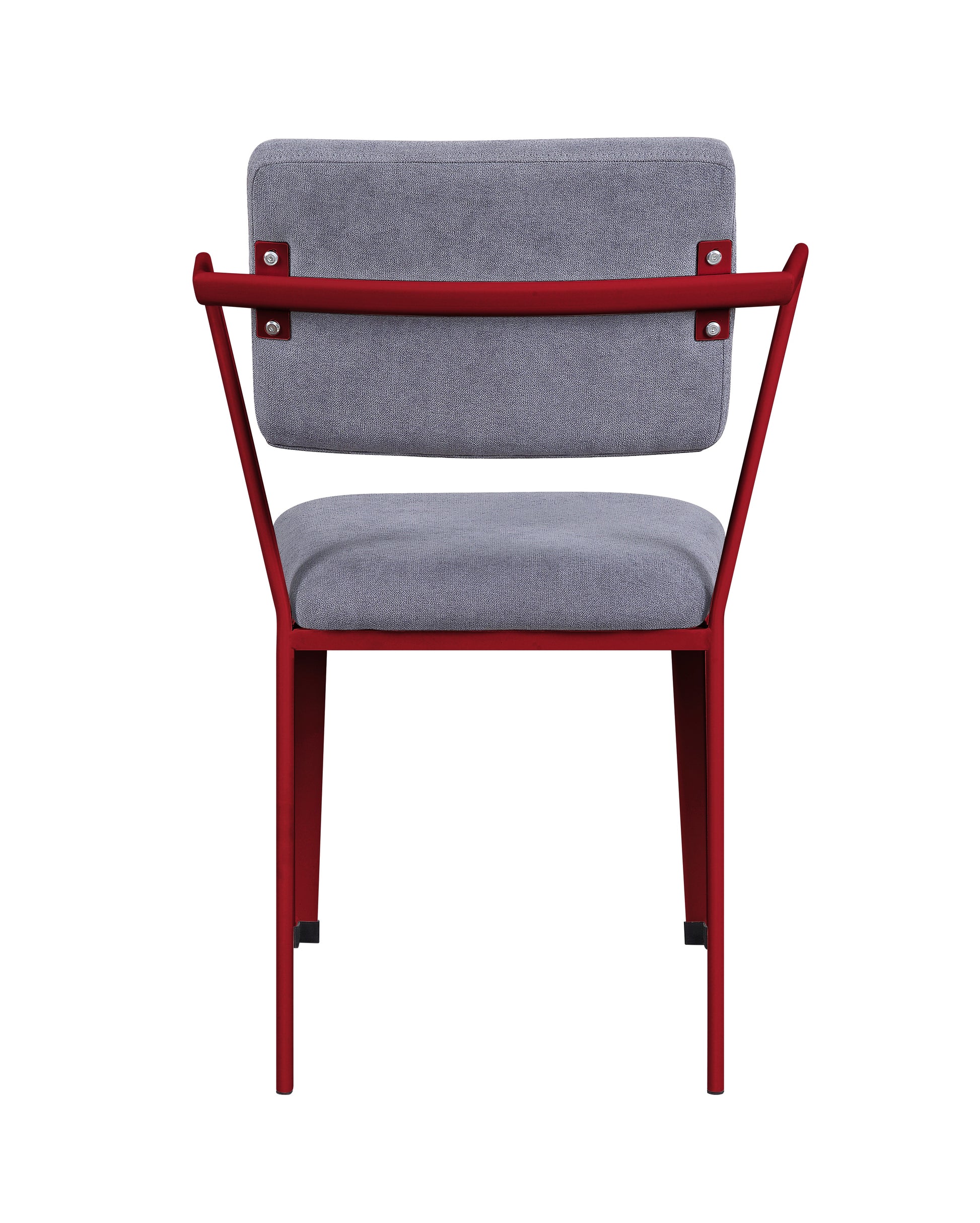Fabric upholstered chair with a red metal frame and gray fabric back and seat.