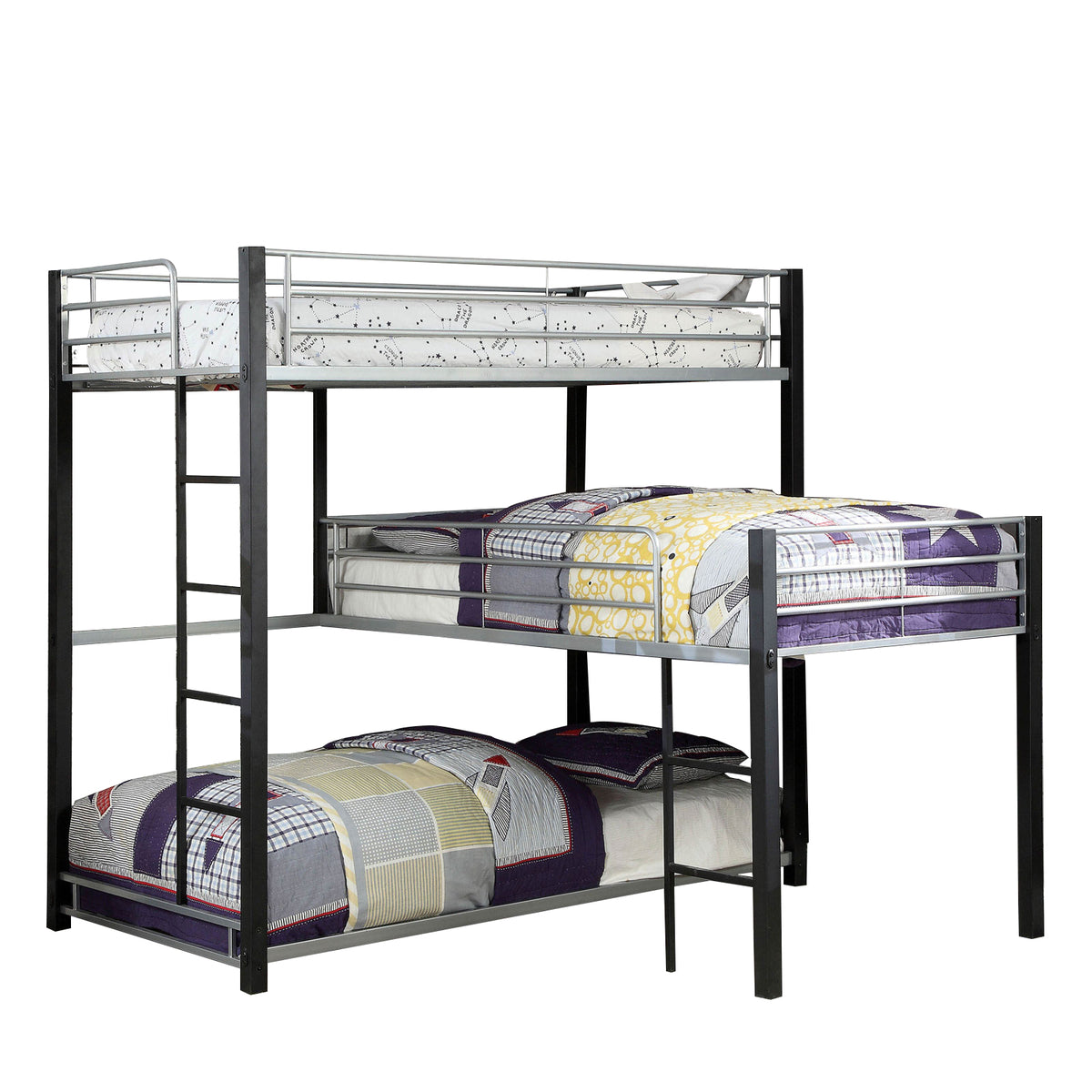 3 Tier Industrial Style Twin Bunk Bed with Corner Design, Black and Gray — Chic Home-Decor