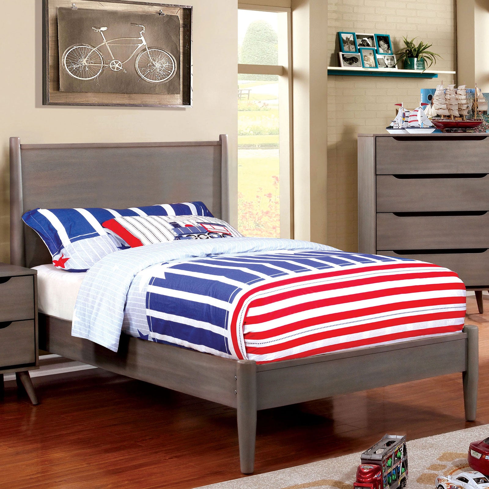 Wooden Transitional Twin Bed With Round Tapered Legs, Gray — Chic Home-Decor