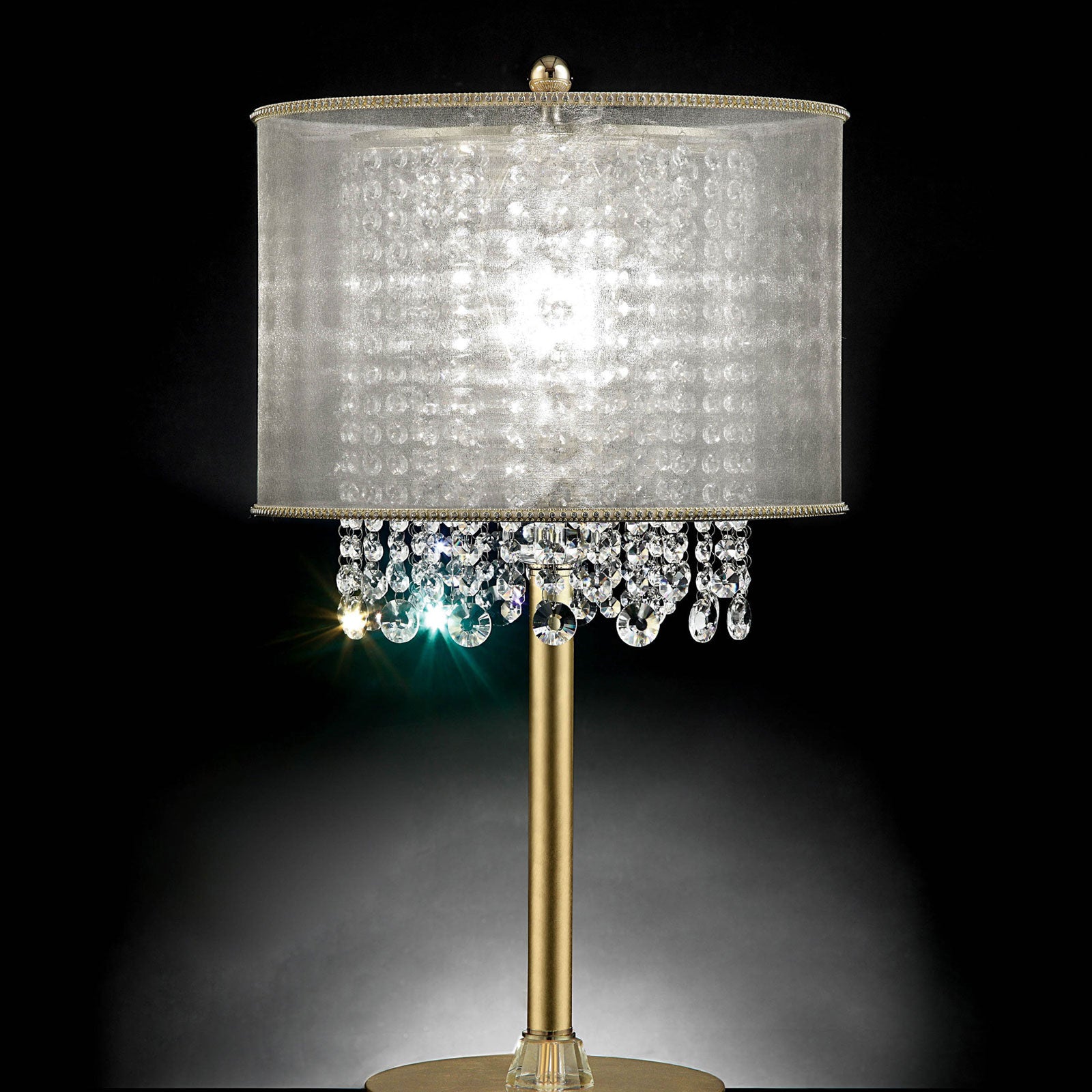 Table Lamp with Hanging Crystal Droplets and White Drum Shade, Gold — Chic Home-Decor